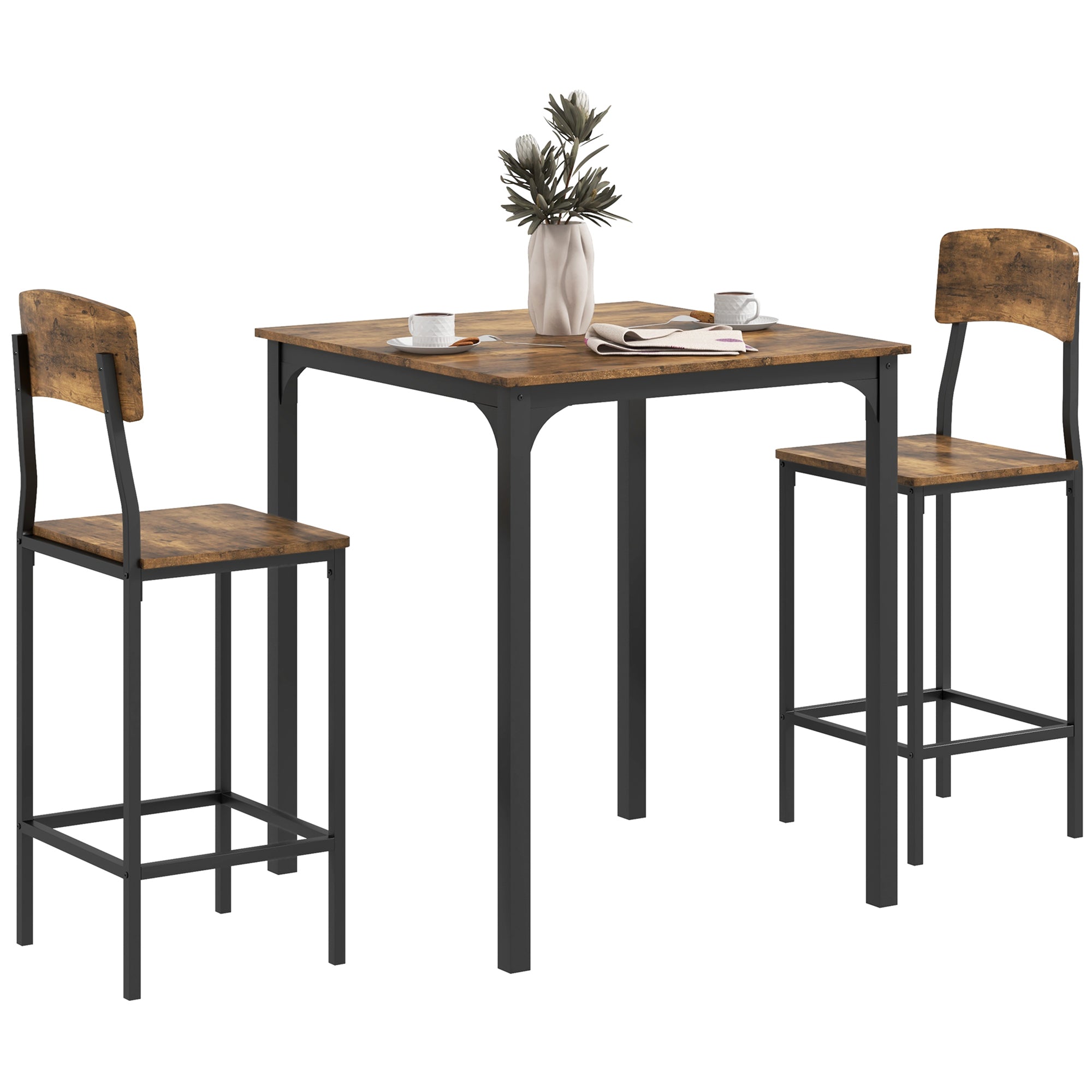 3 Piece Pub Table and Chairs, Small Kitchen Table and Chairs, Square Dining Table with 2 Stools, Rustic Brown and Black