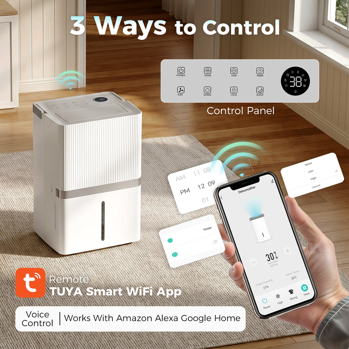 100 Pint Smart Dehumidifier for Basement and Home, 5,200 Sq. Ft., WiFi Large Dehumidifiers with App, Alexa, Google Voice Control, Drain Hose, 3 Modes, Humidity Indicator