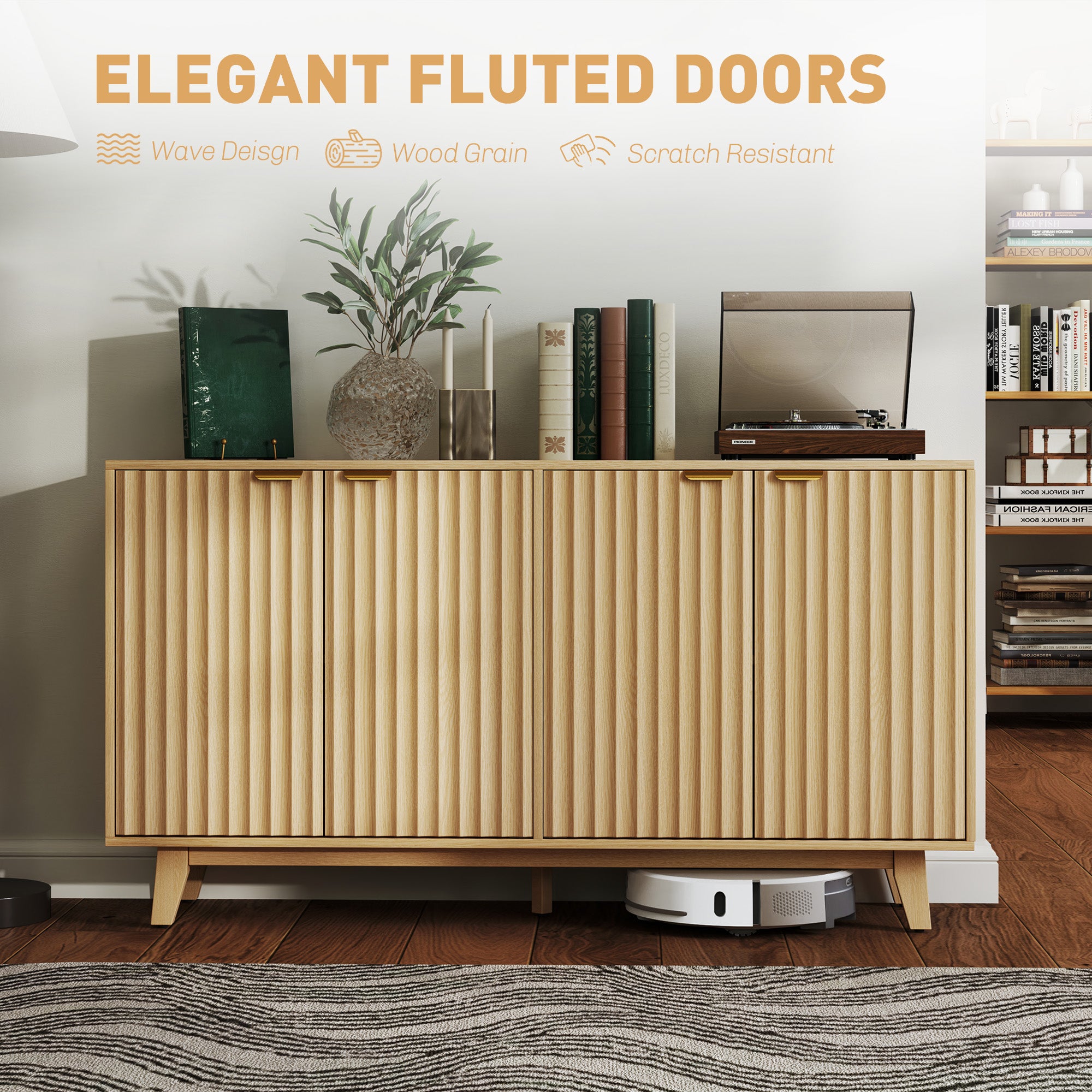 HOMCOM Fluted Buffet Cabinet with Storage, 55" Modern Sideboard Storage Cabinet with 4 Doors, 2 Adjustable Shelves and 5 Wood Legs, Coffee Bar Cabinet, Nature Wood