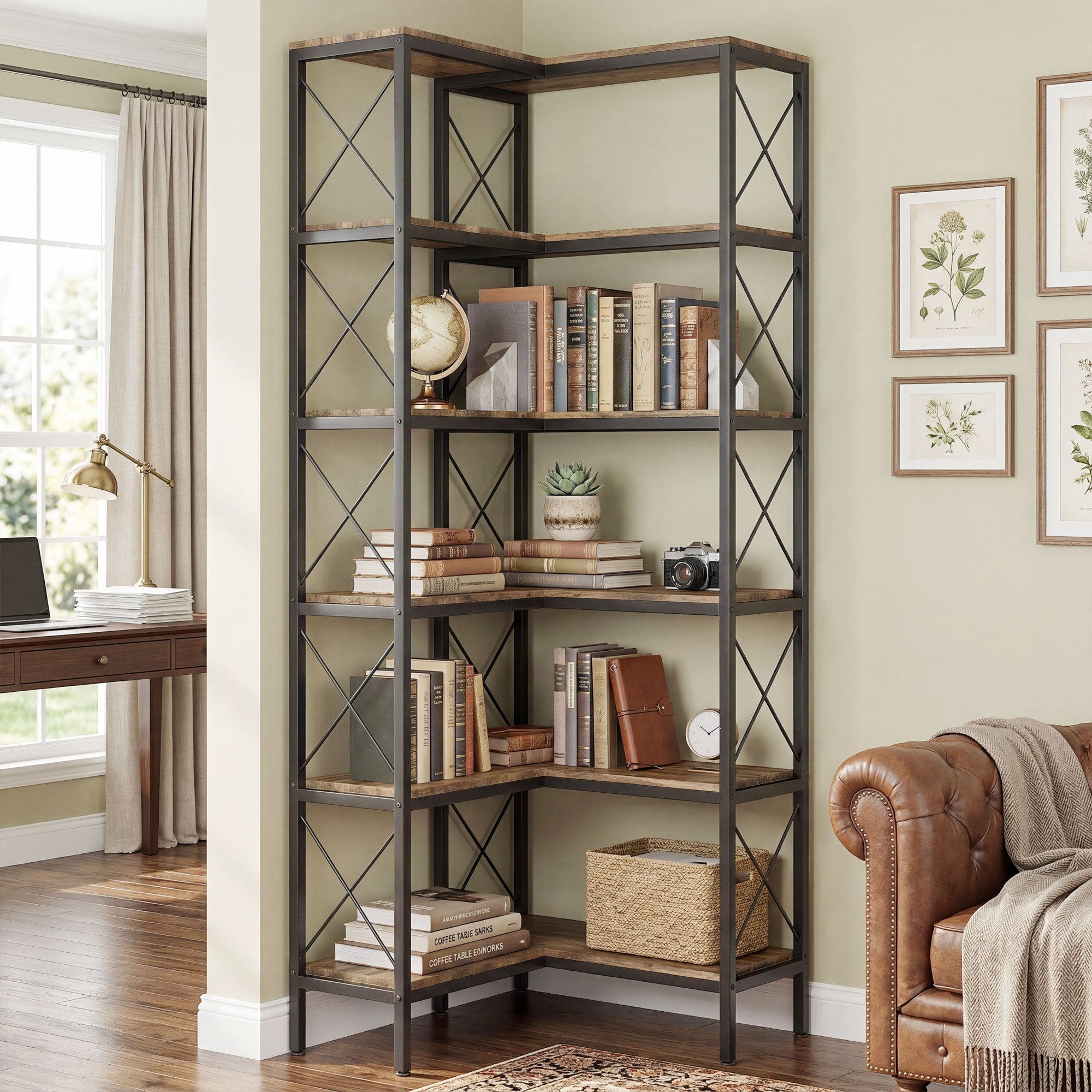 L-Shaped Bookshelf, 5-Tier Corner Bookcase, Freestanding Storage Shelf with Metal Frame for Living Room, Home Study, Rustic Brown