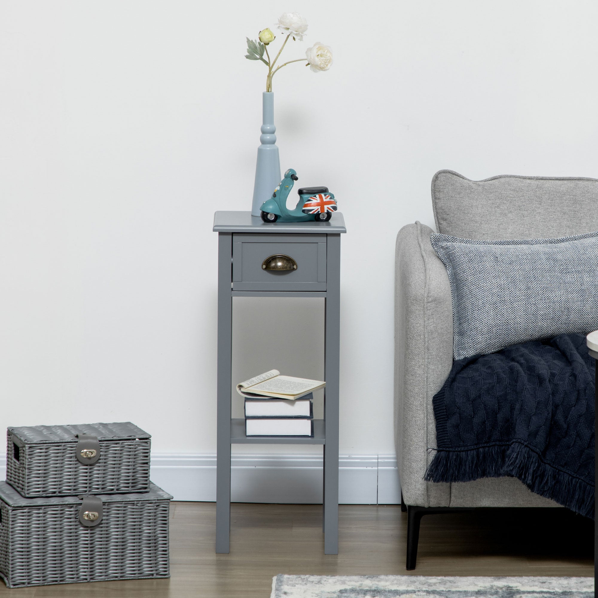 2 Tier Tall Side Table Nightstand End Table w/ Drawer & Bottom Shelf for Living Room Bedroom Grey