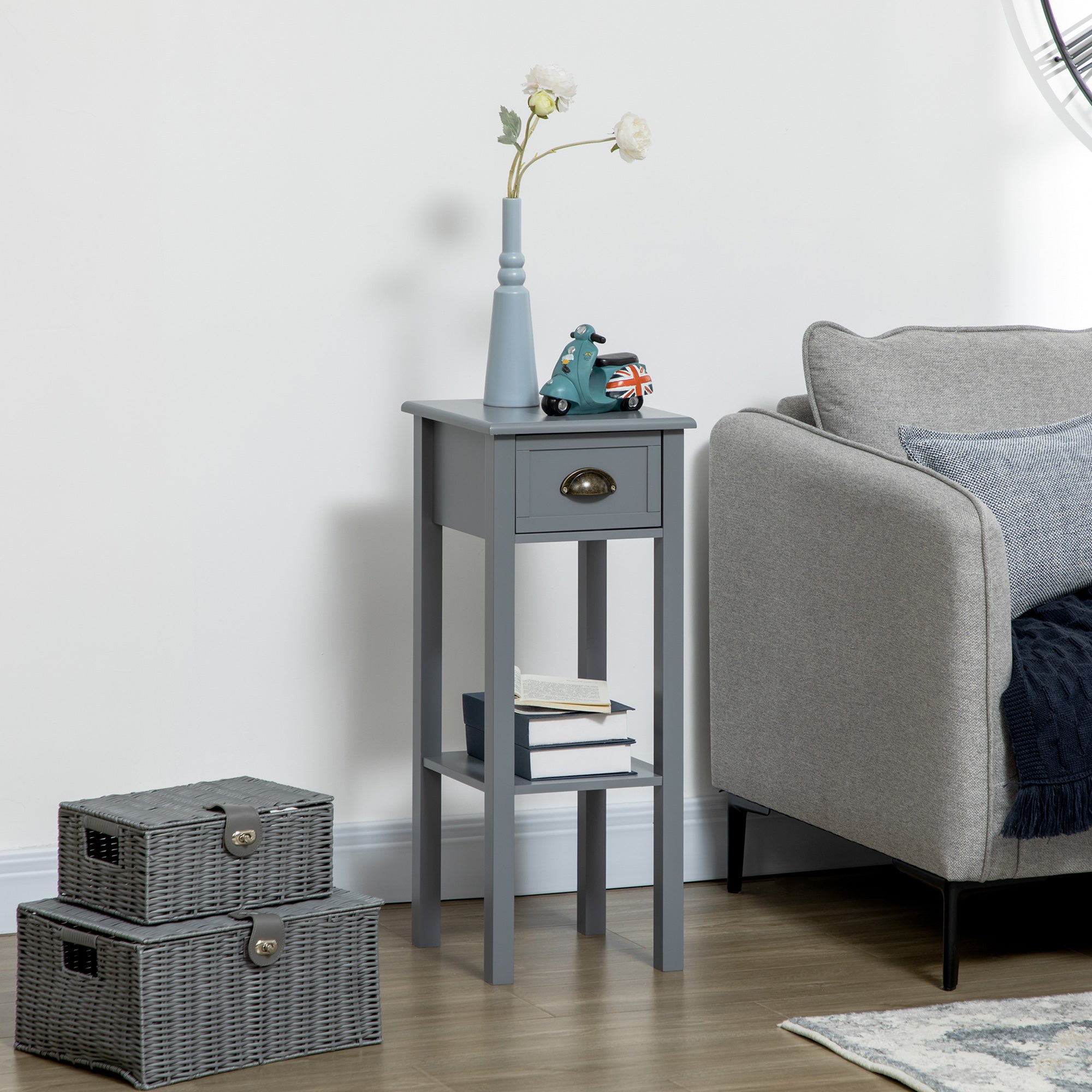 2 Tier Tall Side Table Nightstand End Table w/ Drawer & Bottom Shelf for Living Room Bedroom Grey