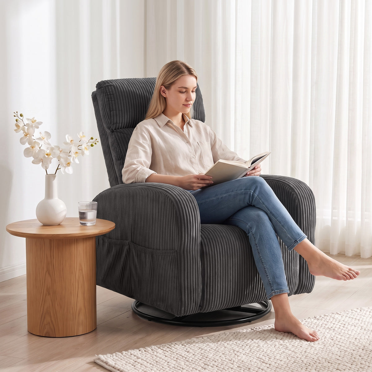 360° Swivel Accent Chair, Modern Armchair with Thick Backrest & Cushion, Corduroy Upholstered Living Room Lounge with Steel Legs for Study, Dark Grey