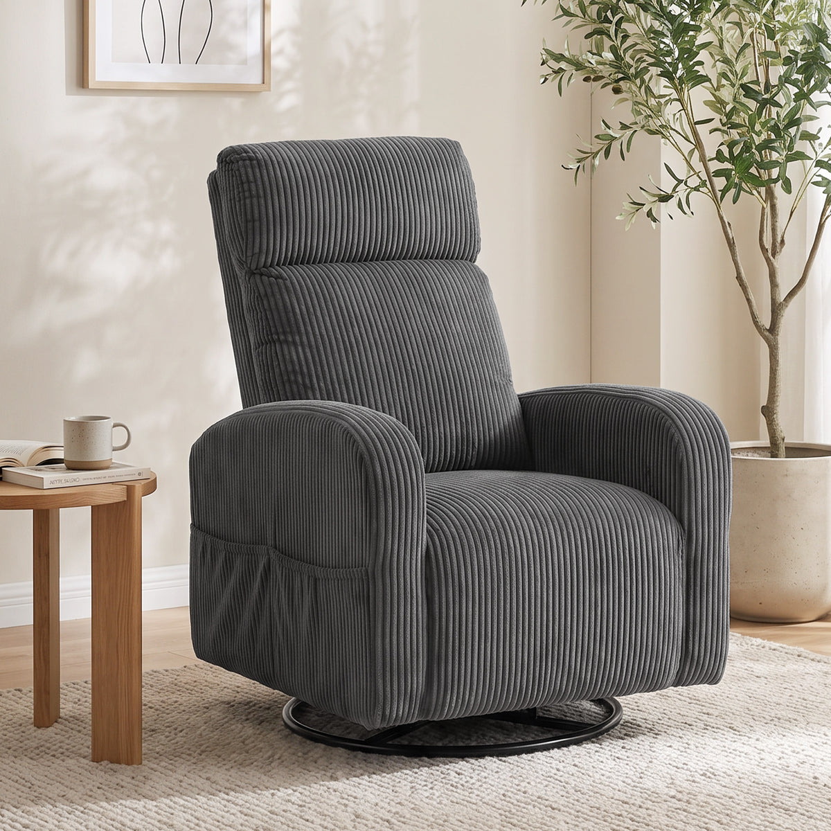 360° Swivel Accent Chair, Modern Armchair with Thick Backrest & Cushion, Corduroy Upholstered Living Room Lounge with Steel Legs for Study, Dark Grey