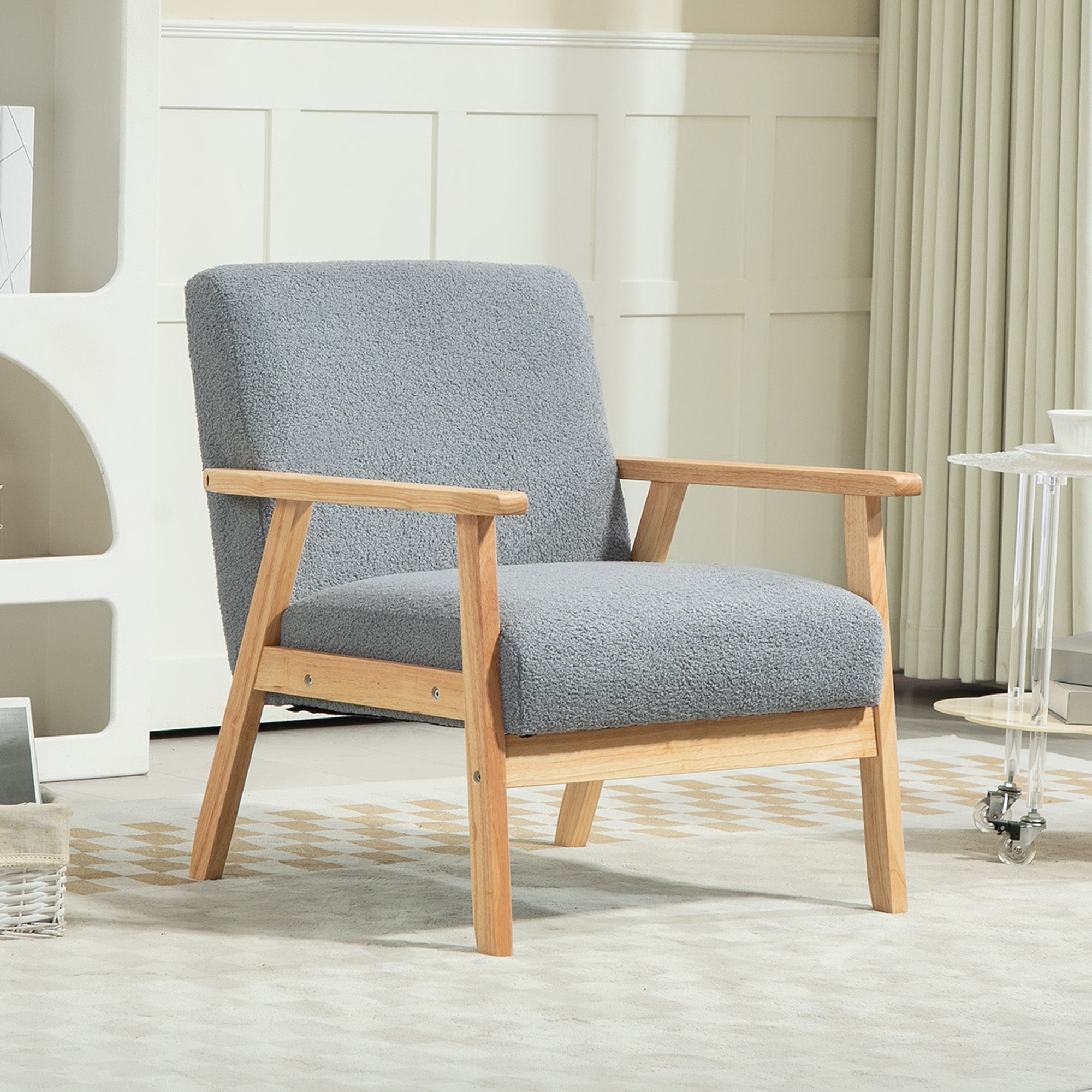 HOMCOM Accent Chair Wood Frame with Thick Cashmere Cushions Wide Seat Armchair Home Furniture Bedroom Office Grey