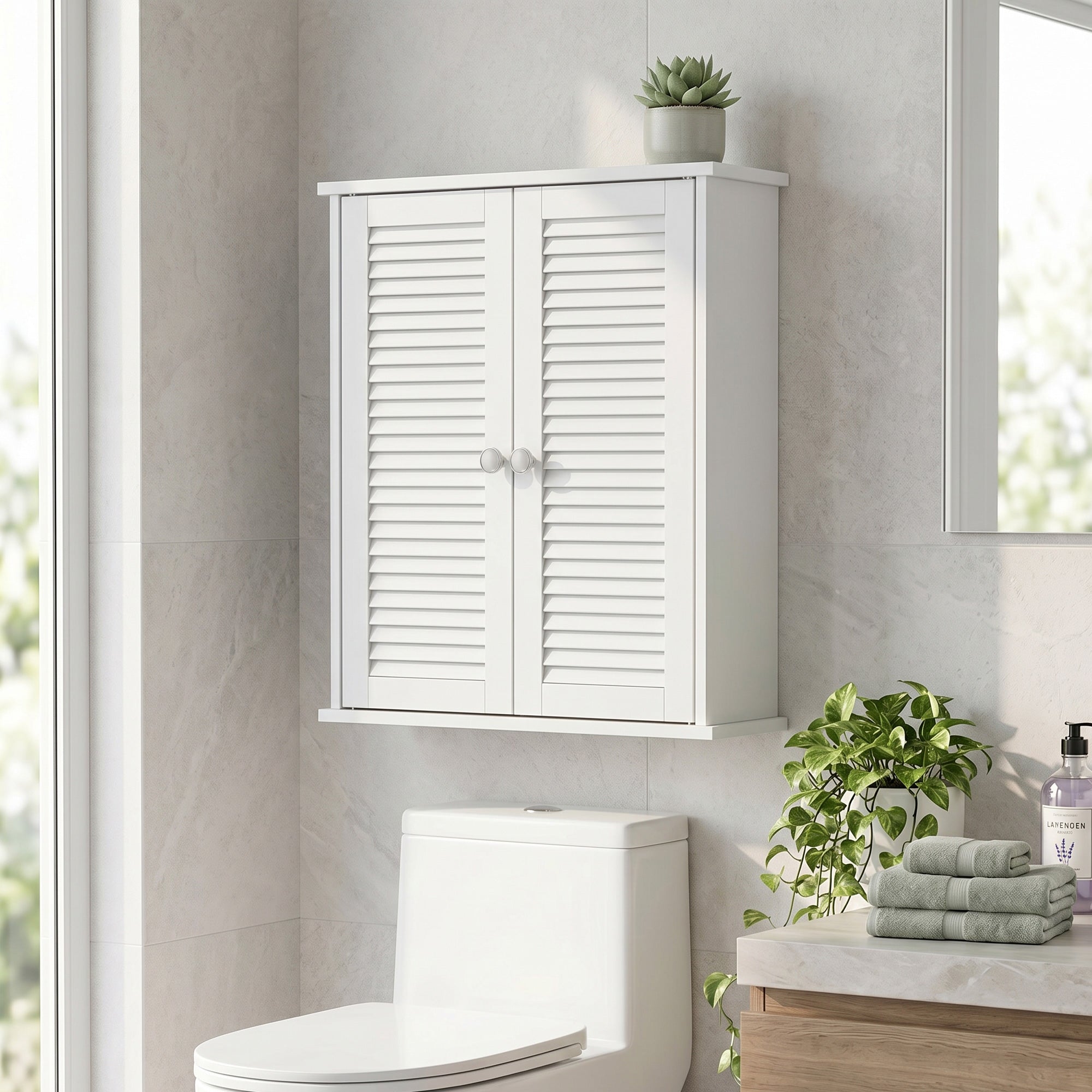 Bathroom Wall Cabinet, Wall-Mounted Over-The-Toilet Space Saver with Louvered Doors and Adjustable Shelf Storage for Kitchen, Living Room, White