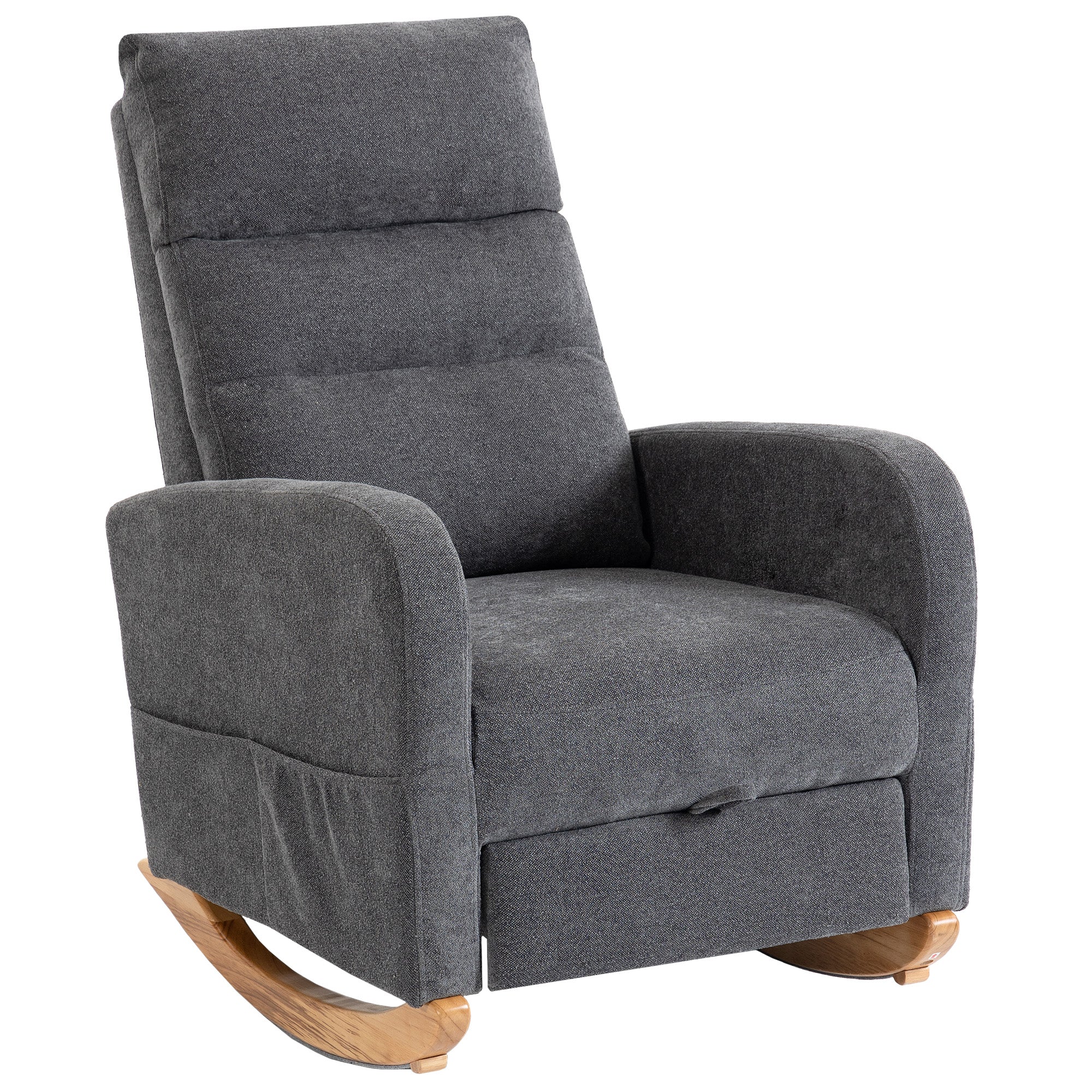 Upholstered Rocking Chair with Retractable Footrest, Modern Armchair with High Back, Plywood Frame and Rubberwood Feet for Living Room, Bedroom, Grey
