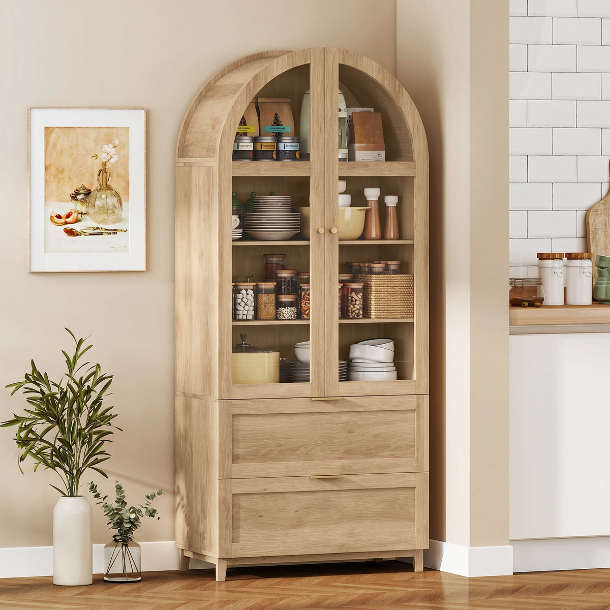 71" Tall Arched Kitchen Pantry Cabinet, Farmhouse Freestanding Kitchen Storage Cabinet with Adjustable Shelves, 2 Drawers, Acrylic Glass Doors for Dining Room, Oak Wood Grain