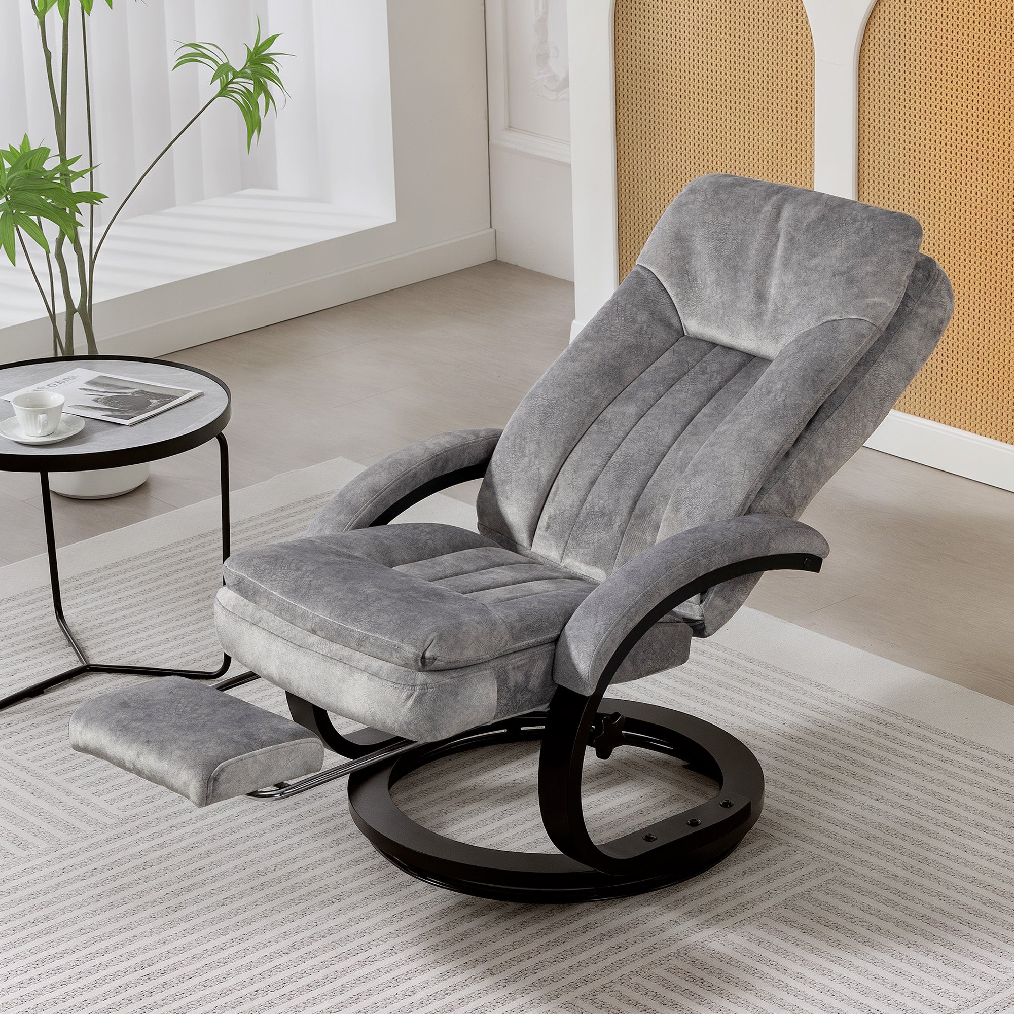 Swivel Recliner Chair with Footrest, Manual Recliner Armchair with Wooden Base, Plush Velvet Upholstered Reclining Chair for Living Room, Bedroom, Office, Grey