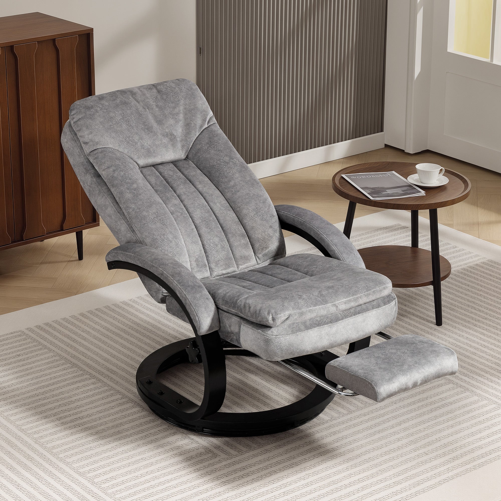 Swivel Recliner Chair with Footrest, Manual Recliner Armchair with Wooden Base, Plush Velvet Upholstered Reclining Chair for Living Room, Bedroom, Office, Grey
