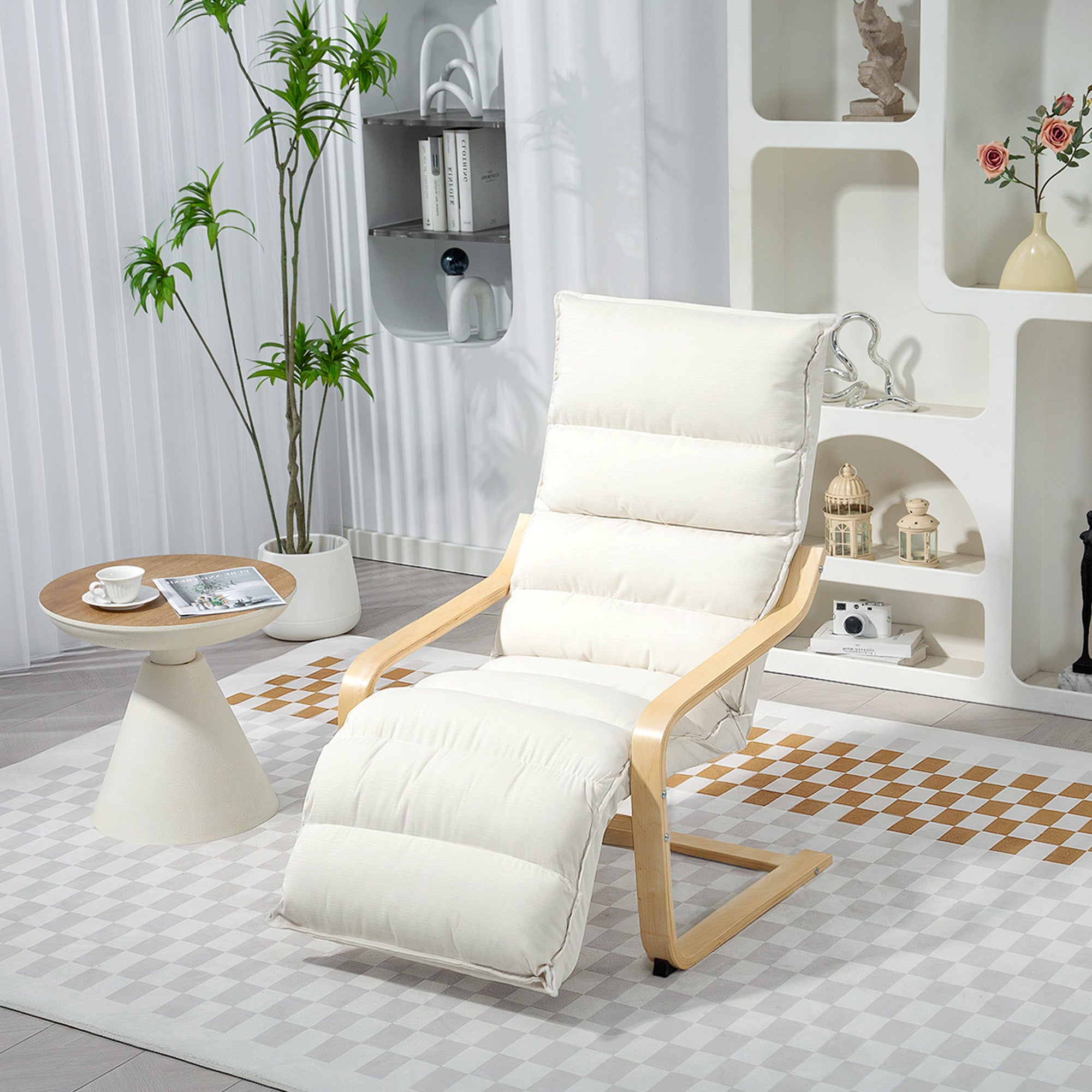 Modern Accent Chair, Velvet Upholstered Living Room Chair with Footrest, Wood Frame, Comfy Armchair for Bedroom, Balcony, Cream White