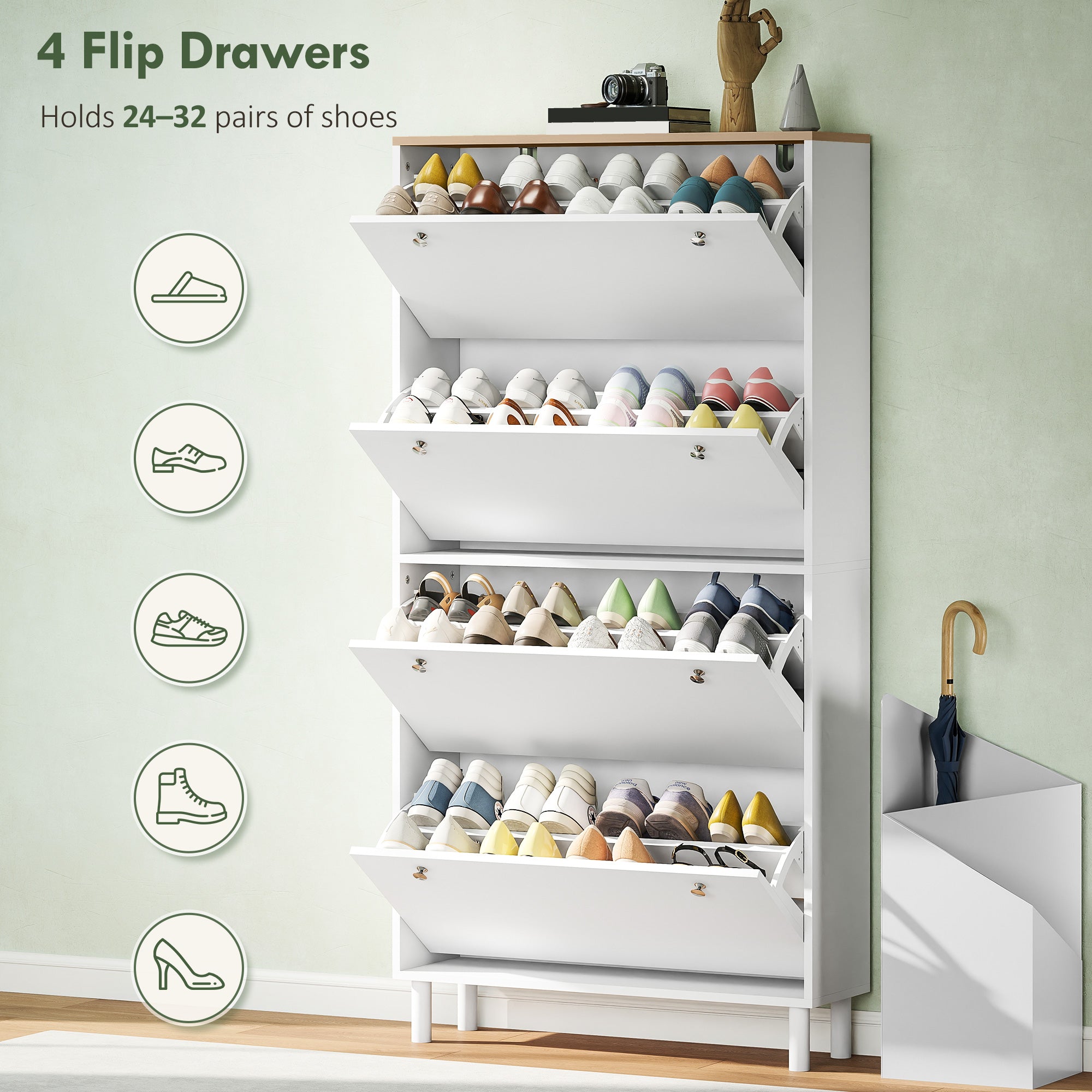 Narrow Shoe Cabinet with 4 Flip Drawers, Slim Shoe Storage Cabinet with Adjustable Shelves for Entryway Hallway, Holds 24–32 Pairs, White