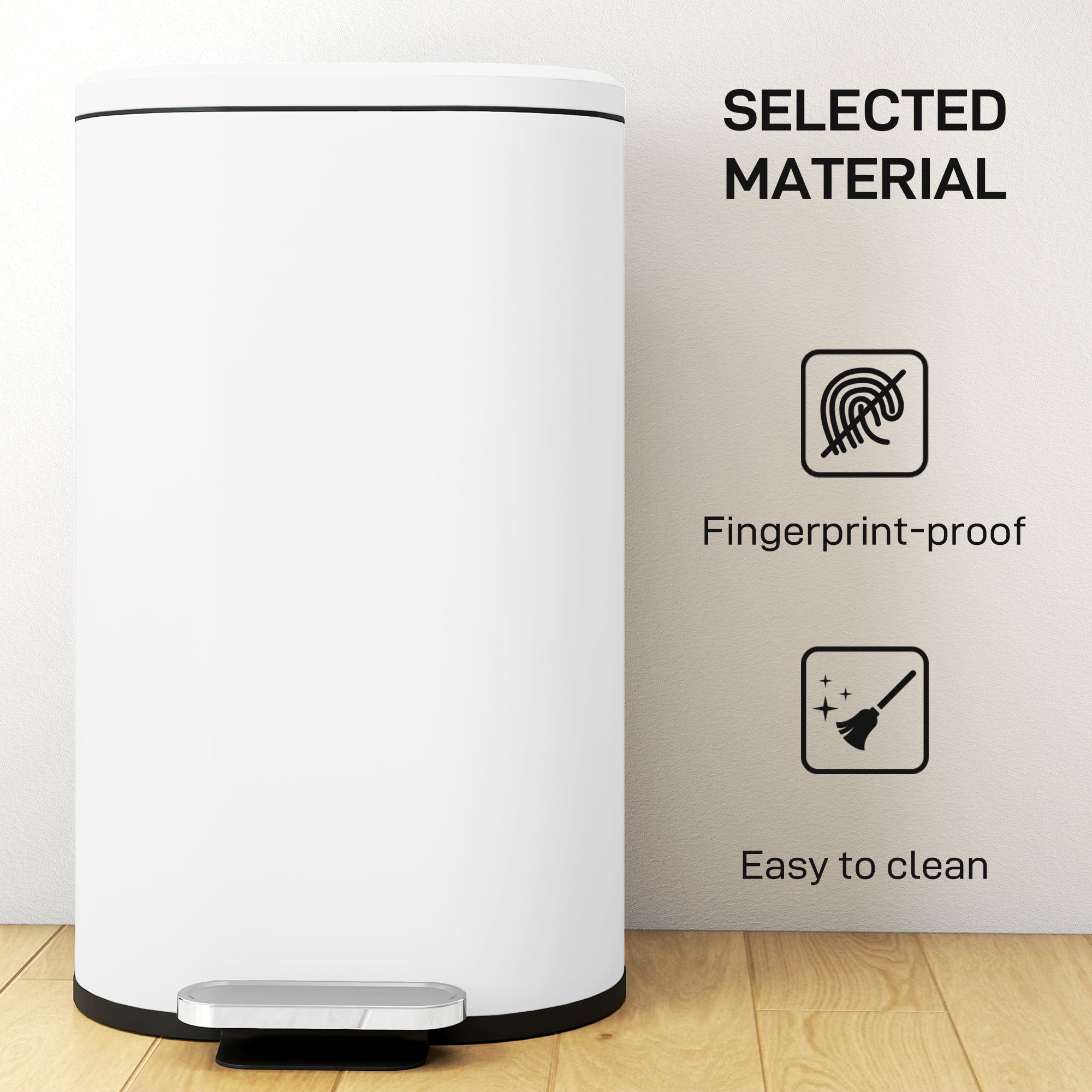 30L Kitchen Bin with 90° Stay-Open Lid, Slim Rectangular Pedal Bin with Soft-Close Lid, Removable Inner Bucket for Home Office, Fingerprint-Resistant, White