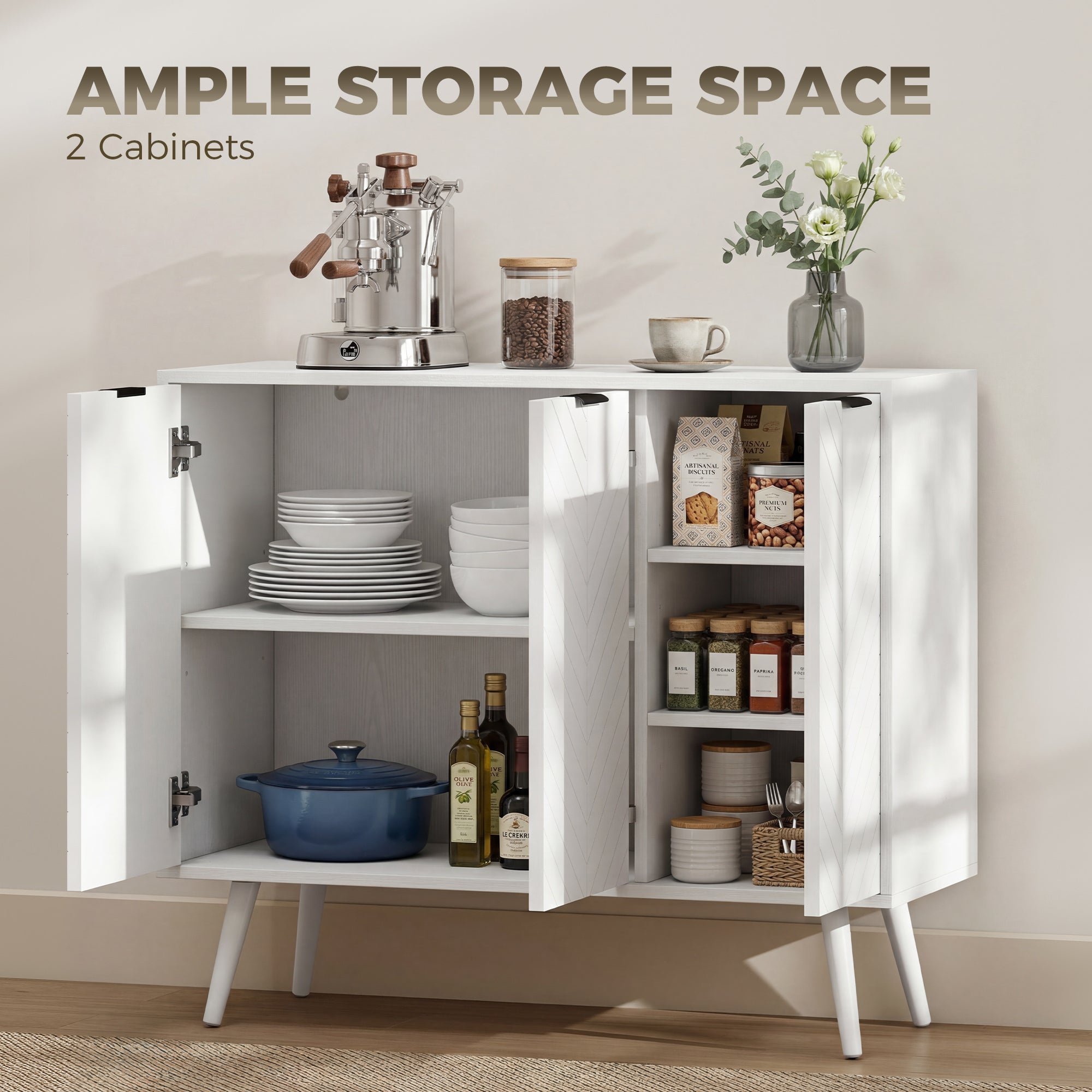 Modern Sideboard Buffet Cabinet, 36" Kitchen Storage Cabinet with 3 Doors and 2 Adjustable Shelves, Coffee Bar Station, White