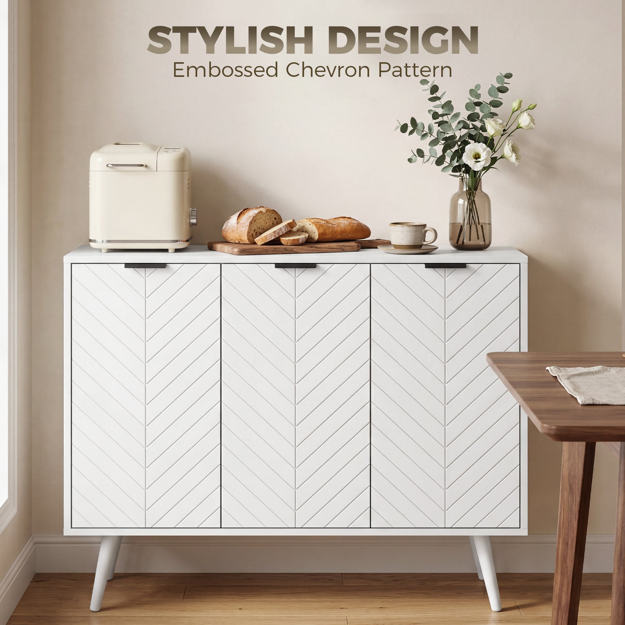 Modern Sideboard Buffet Cabinet, 36" Kitchen Storage Cabinet with 3 Doors and 2 Adjustable Shelves, Coffee Bar Station, White