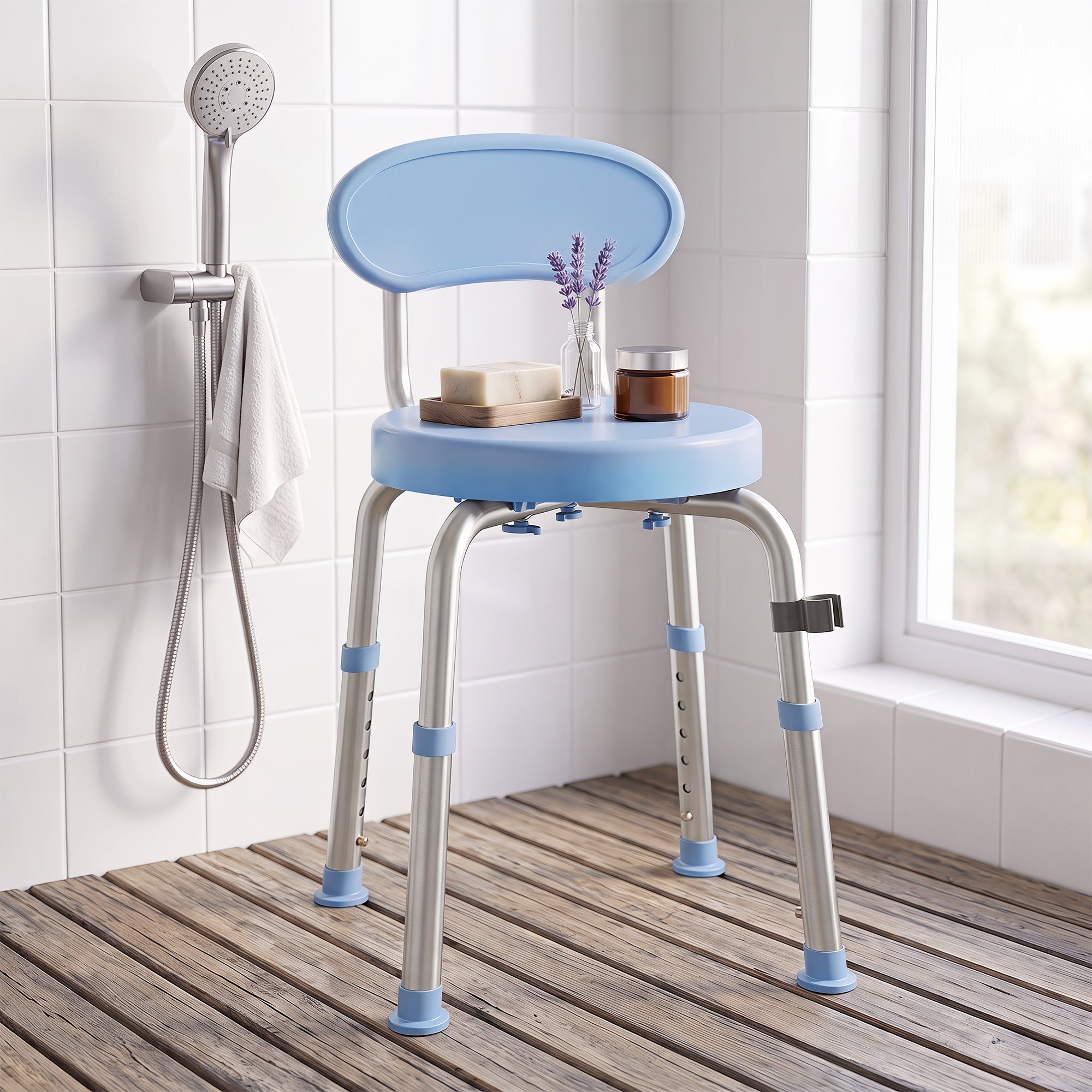 360° Swivel Shower Stool, Rotating Round Bath Seat Chair with Aluminium Frame, 5-Level Adjustable Height and Backrest, Non-Slip Shower Chair for Elderly, Disabled & Post-Surgery