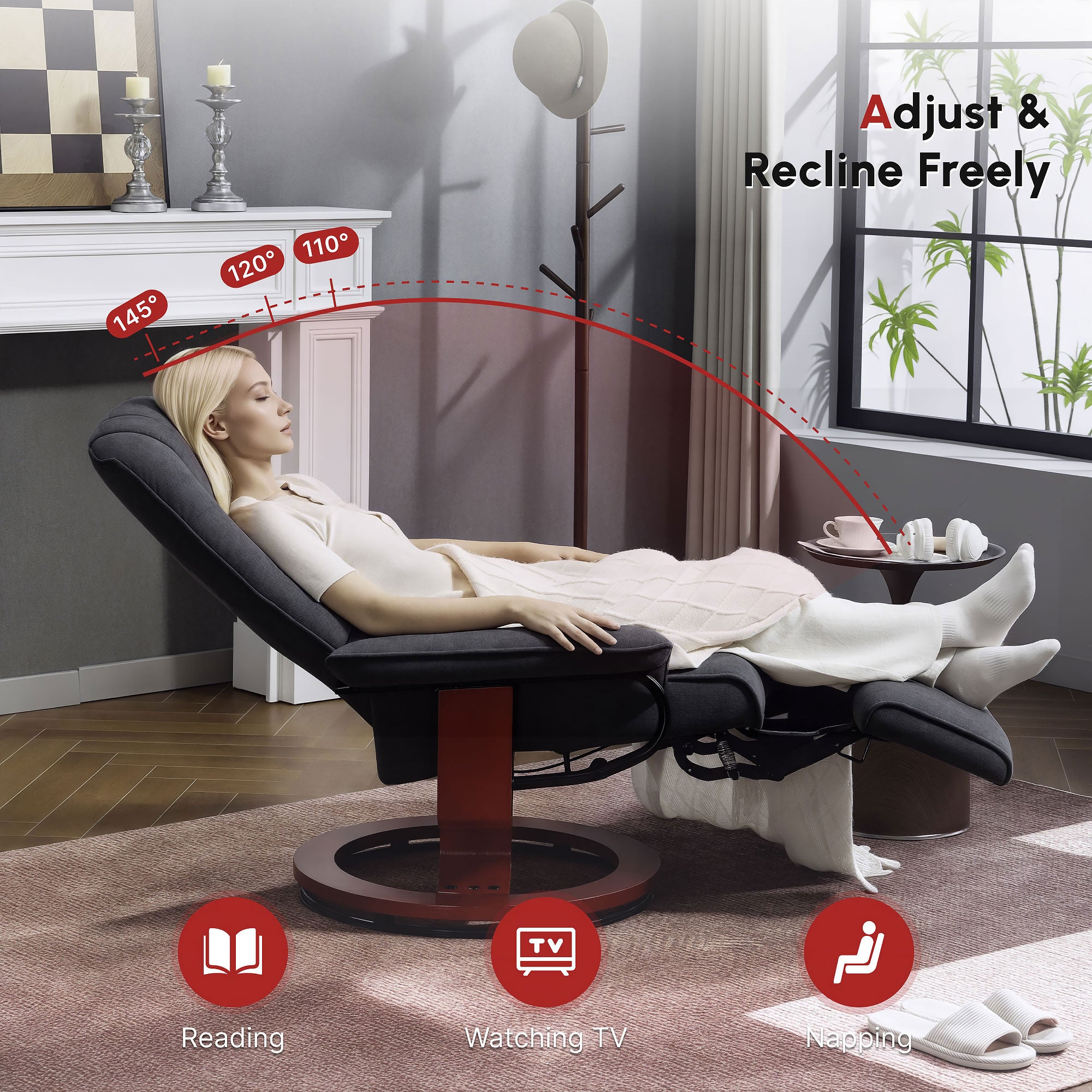 Manual Recliner Chair with Linen-Like Upholstered & Wooden Base for Living Room, Black - HOMCOM