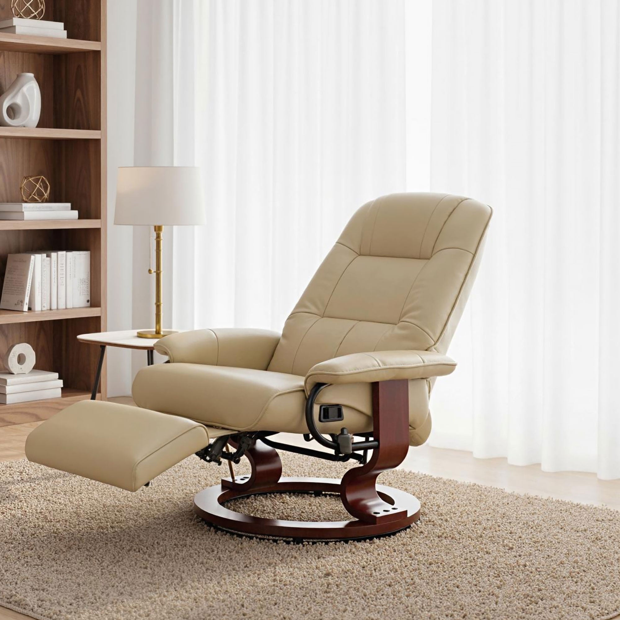 EaseRest Faux Leather Recliner Chair, Swivel Recliner w/ Footrest, Armrest & Wood Base, Cream White - HOMCOM