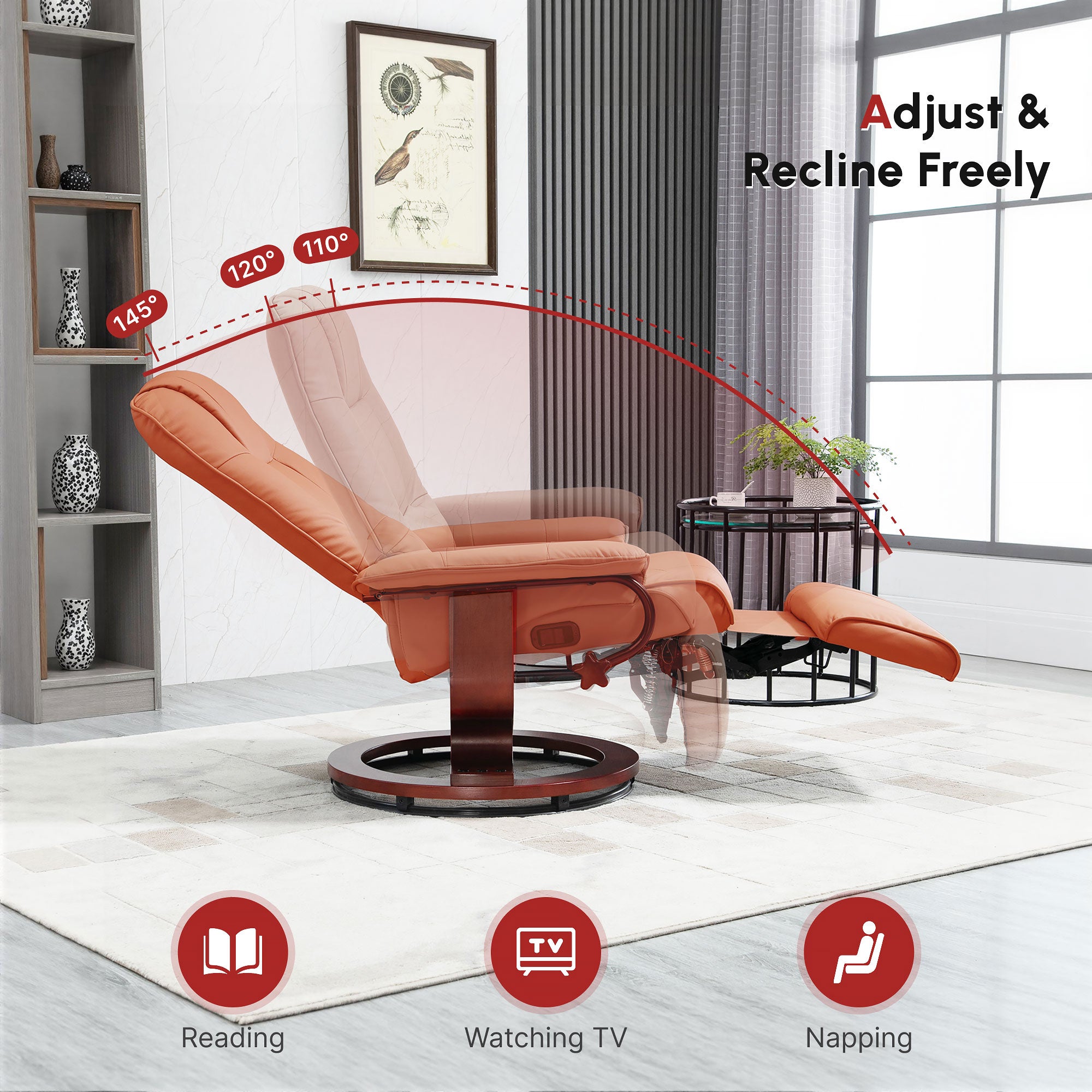 EaseRest Faux Leather Recliner Chair, Swivel Recliner w/ Footrest, Armrest & Wood Base, Orange - HOMCOM