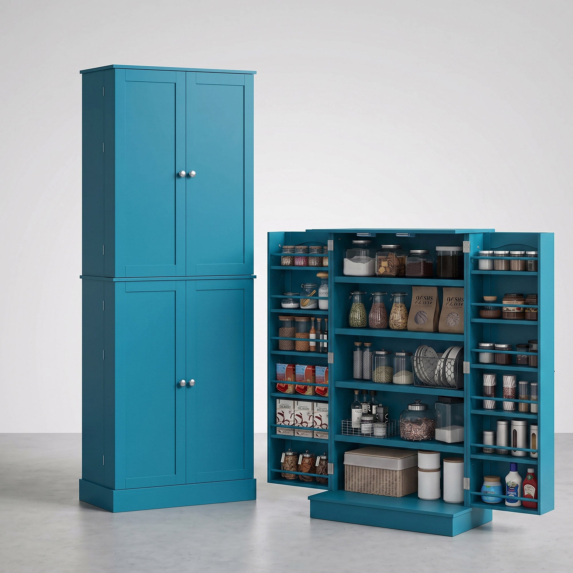 Order Pantry 2-Piece Cabinet Set with 41" and 65" Kitchen Storage Cabinets，Blue