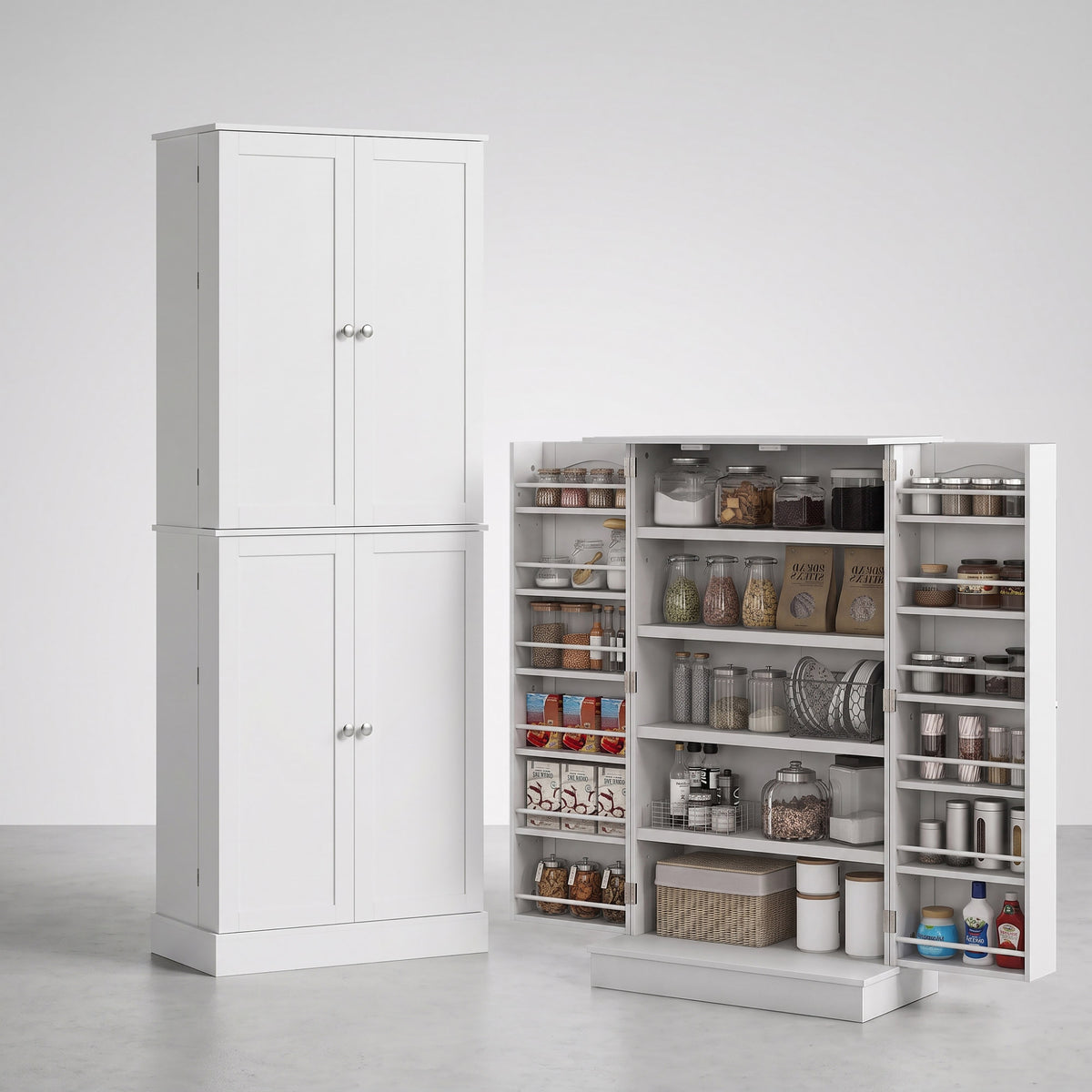Order Pantry 2-Piece Cabinet Set with 41" and 65" Kitchen Storage Cabinets，White