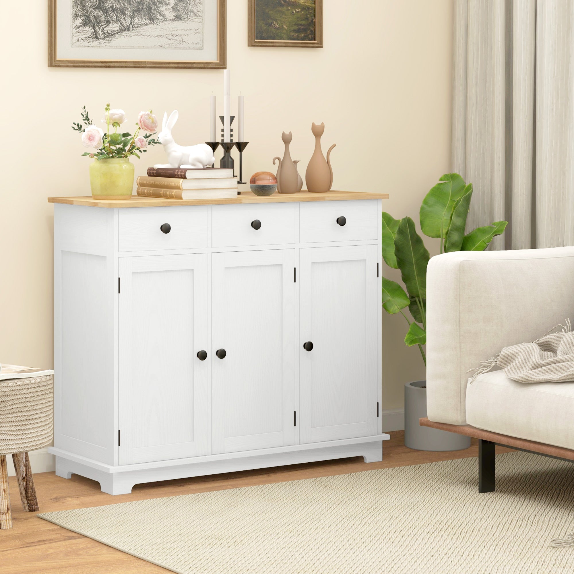 Kitchen Storage Cabinet, Sideboard Floor Cupboard with Solid Wood Top, Adjustable Shelf, and 3 Drawers, White