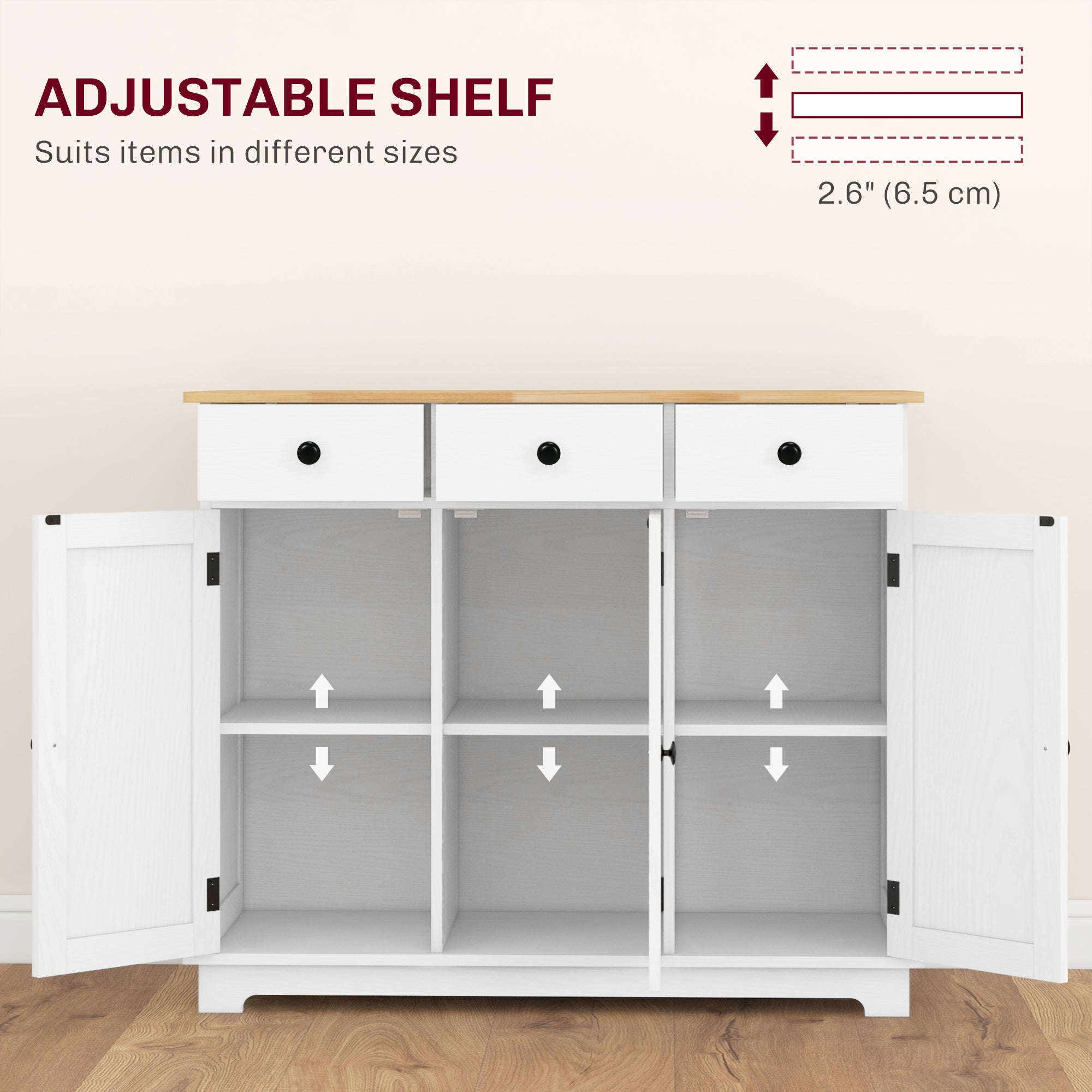 Kitchen Storage Cabinet, Sideboard Floor Cupboard with Solid Wood Top, Adjustable Shelf, and 3 Drawers, White