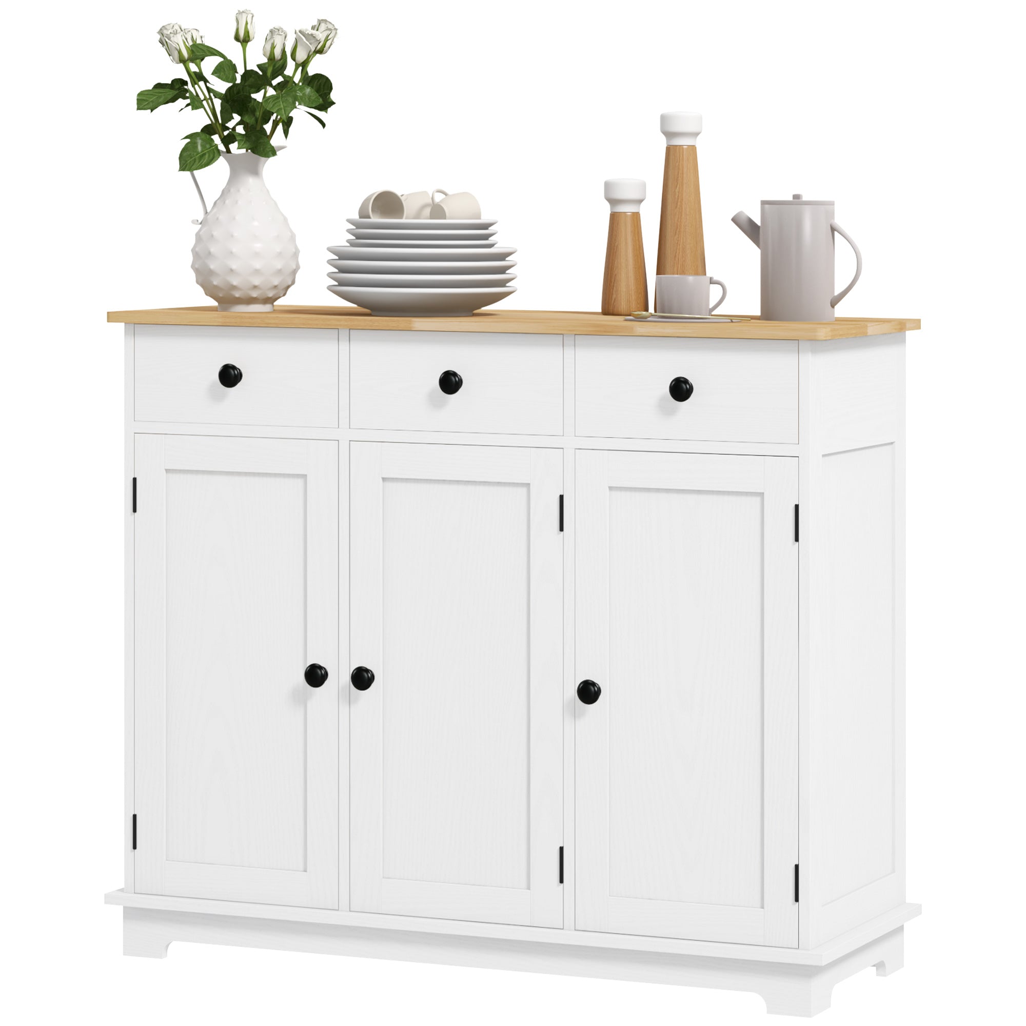 Kitchen Storage Cabinet, Sideboard Floor Cupboard with Solid Wood Top, Adjustable Shelf, and 3 Drawers, White