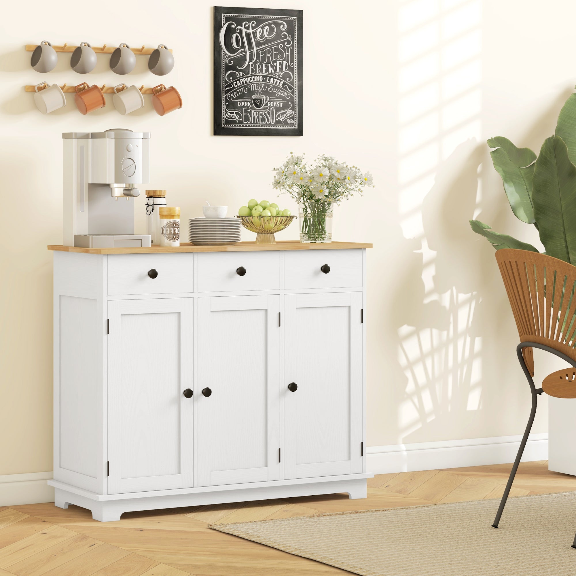 Kitchen Storage Cabinet, Sideboard Floor Cupboard with Solid Wood Top, Adjustable Shelf, and 3 Drawers, White