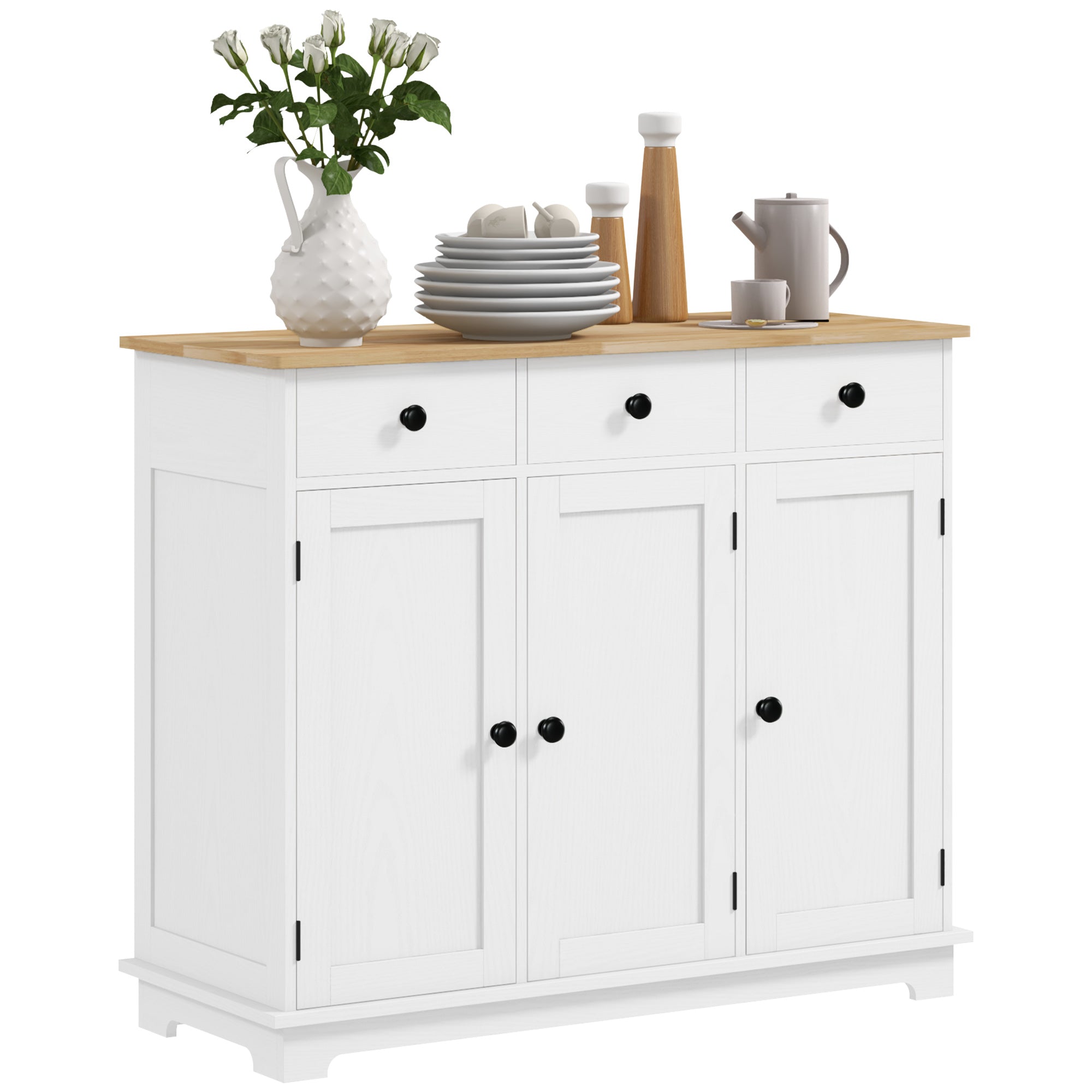 Kitchen Storage Cabinet, Sideboard Floor Cupboard with Solid Wood Top, Adjustable Shelf, and 3 Drawers, White