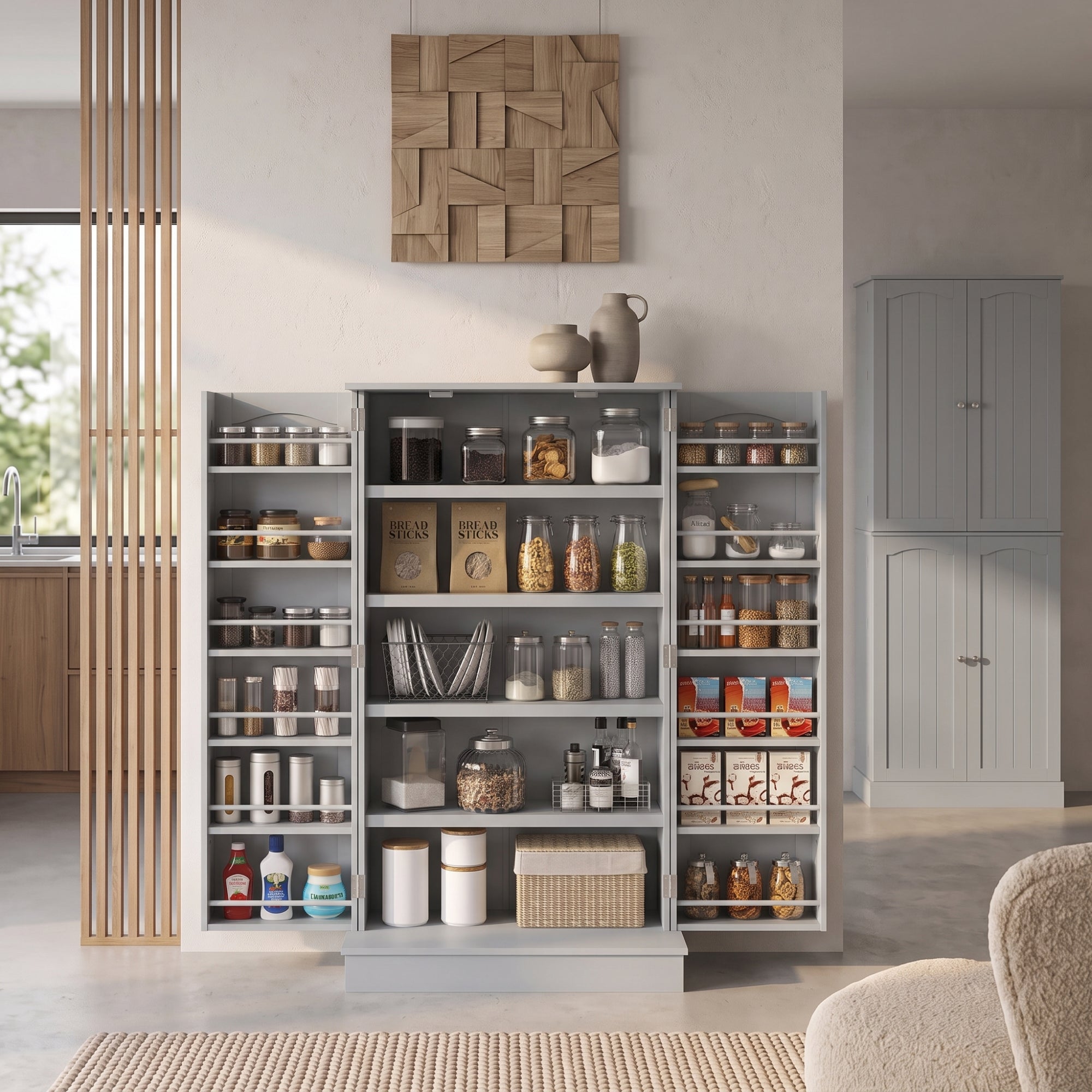 Order Pantry 2-Piece Cabinet Set with 41" and 65" Kitchen Storage Cabinets，Grey