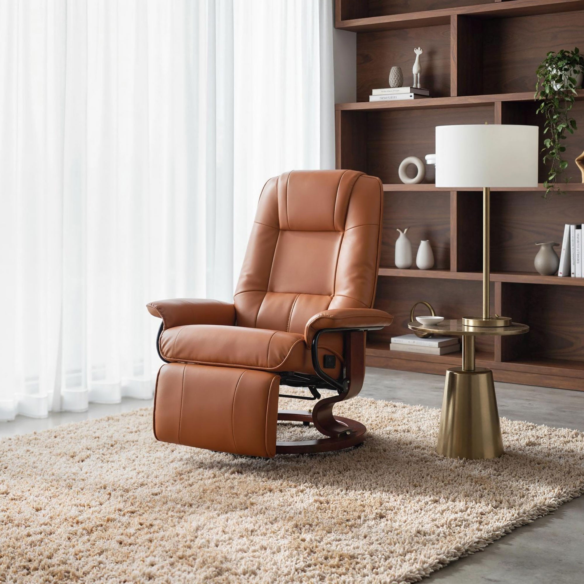 EaseRest Faux Leather Recliner Chair, Swivel Recliner w/ Footrest, Armrest & Wood Base, Light Brown - HOMCOM