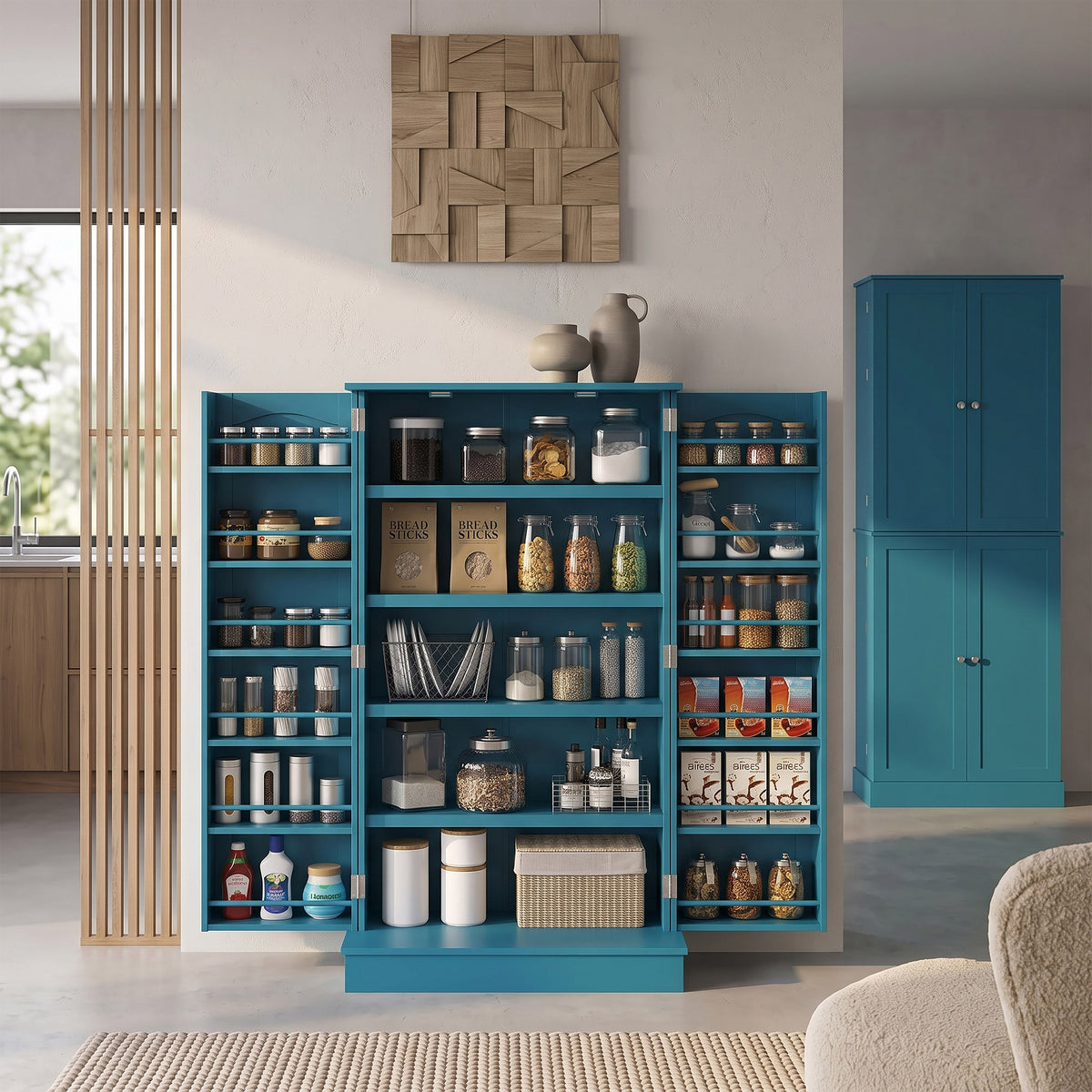 Order Pantry 2-Piece Cabinet Set with 41" and 65" Kitchen Storage Cabinets，Blue