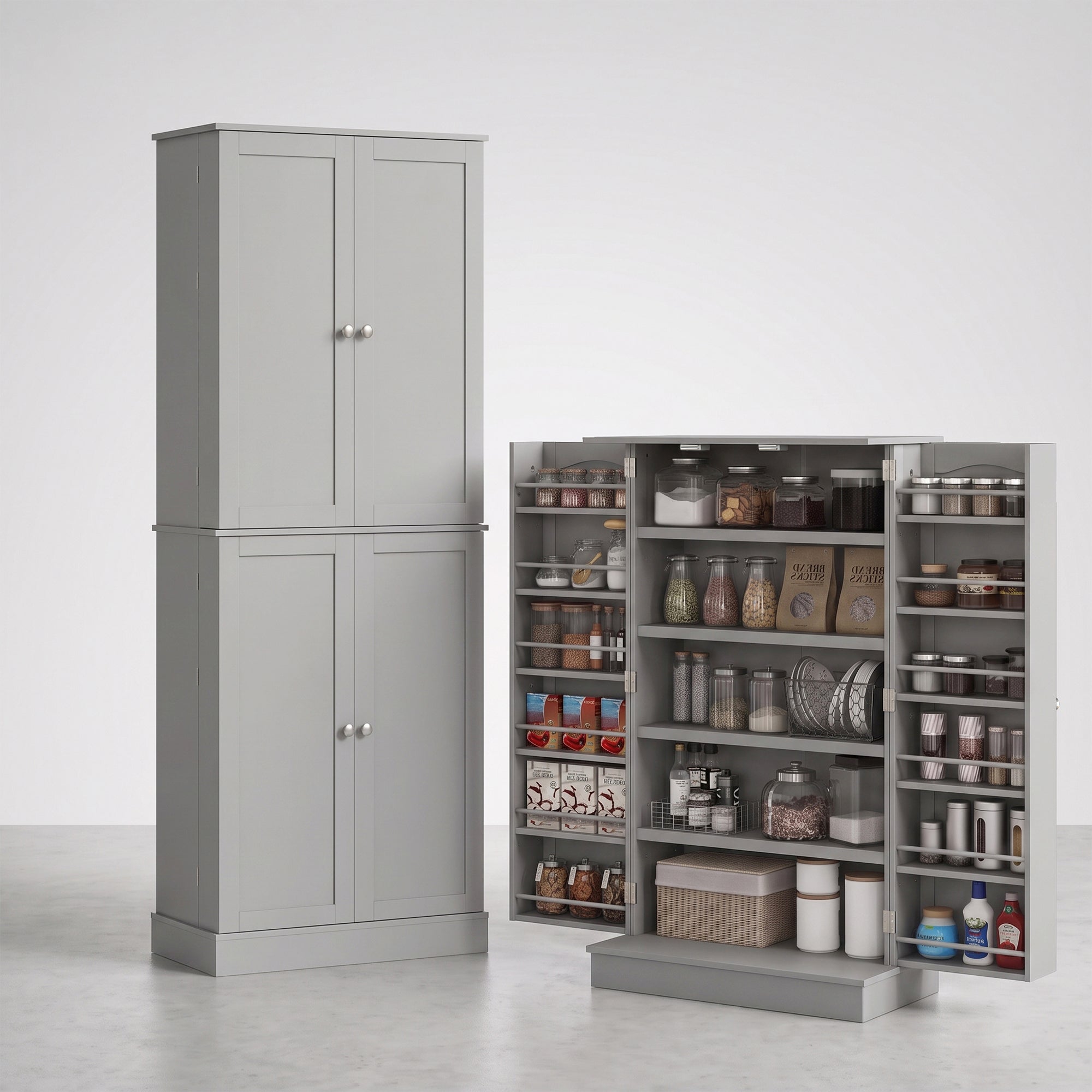 Order Pantry 2-Piece Cabinet Set with 41" and 65" Kitchen Storage Cabinets，Grey