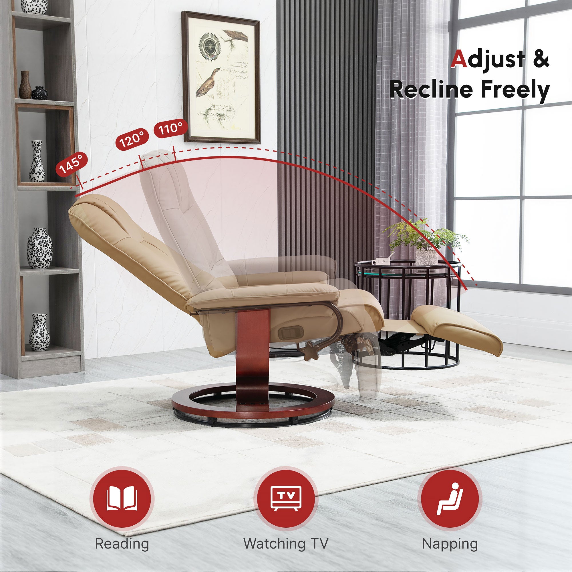 EaseRest Faux Leather Recliner Chair, Swivel Recliner w/ Footrest, Armrest & Wood Base, Cream White - HOMCOM