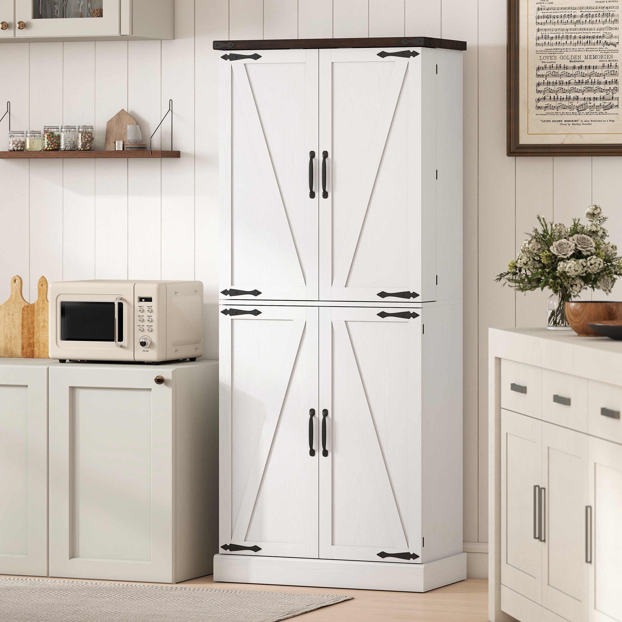 72" Tall Kitchen Pantry Cabinet, Farmhouse Storage Cabinet with 8 Door Racks and Drawer, Freestanding Food Pantry with Adjustable Shelves and Barn Doors, White