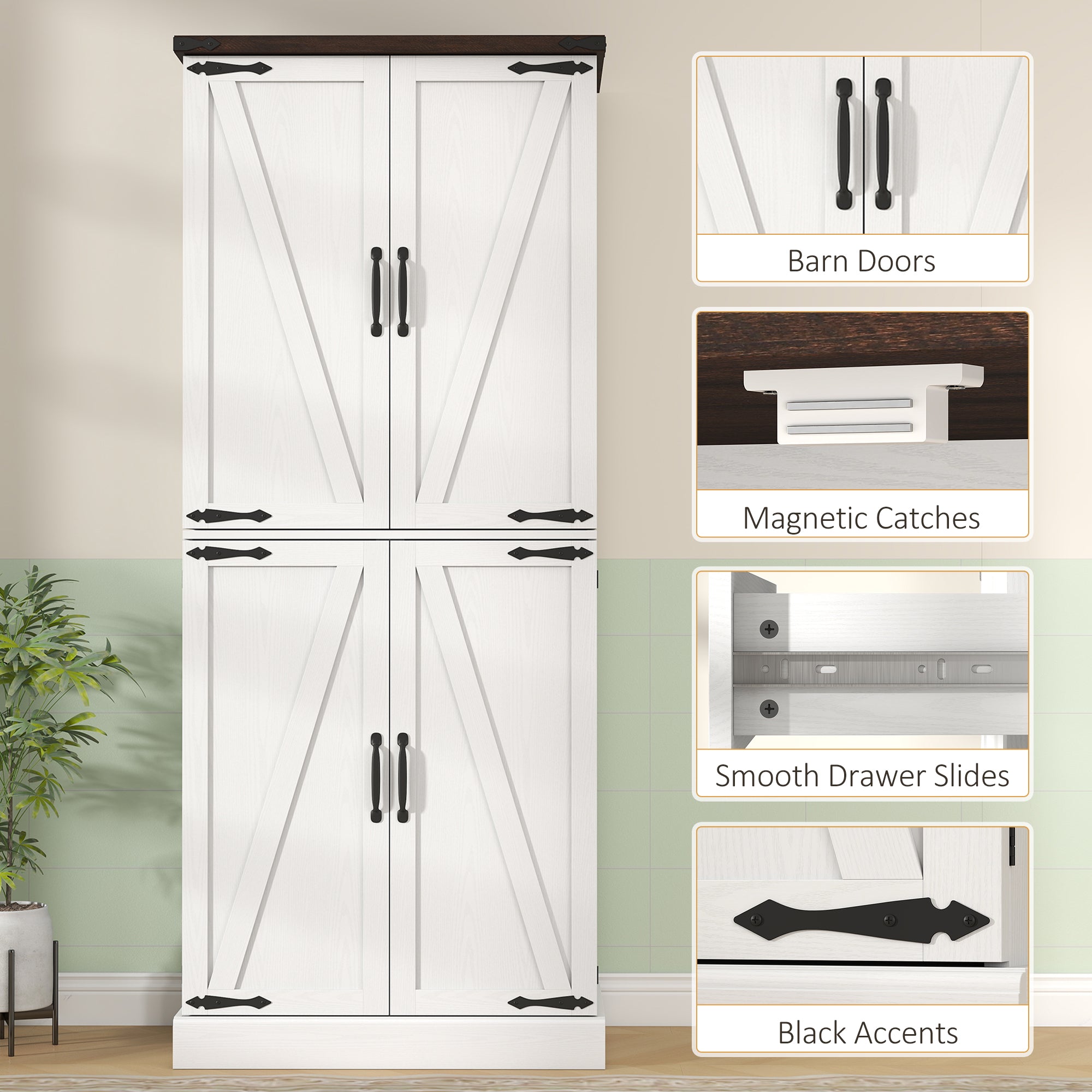 72" Tall Kitchen Pantry Cabinet, Farmhouse Storage Cabinet with 8 Door Racks and Drawer, Freestanding Food Pantry with Adjustable Shelves and Barn Doors, White