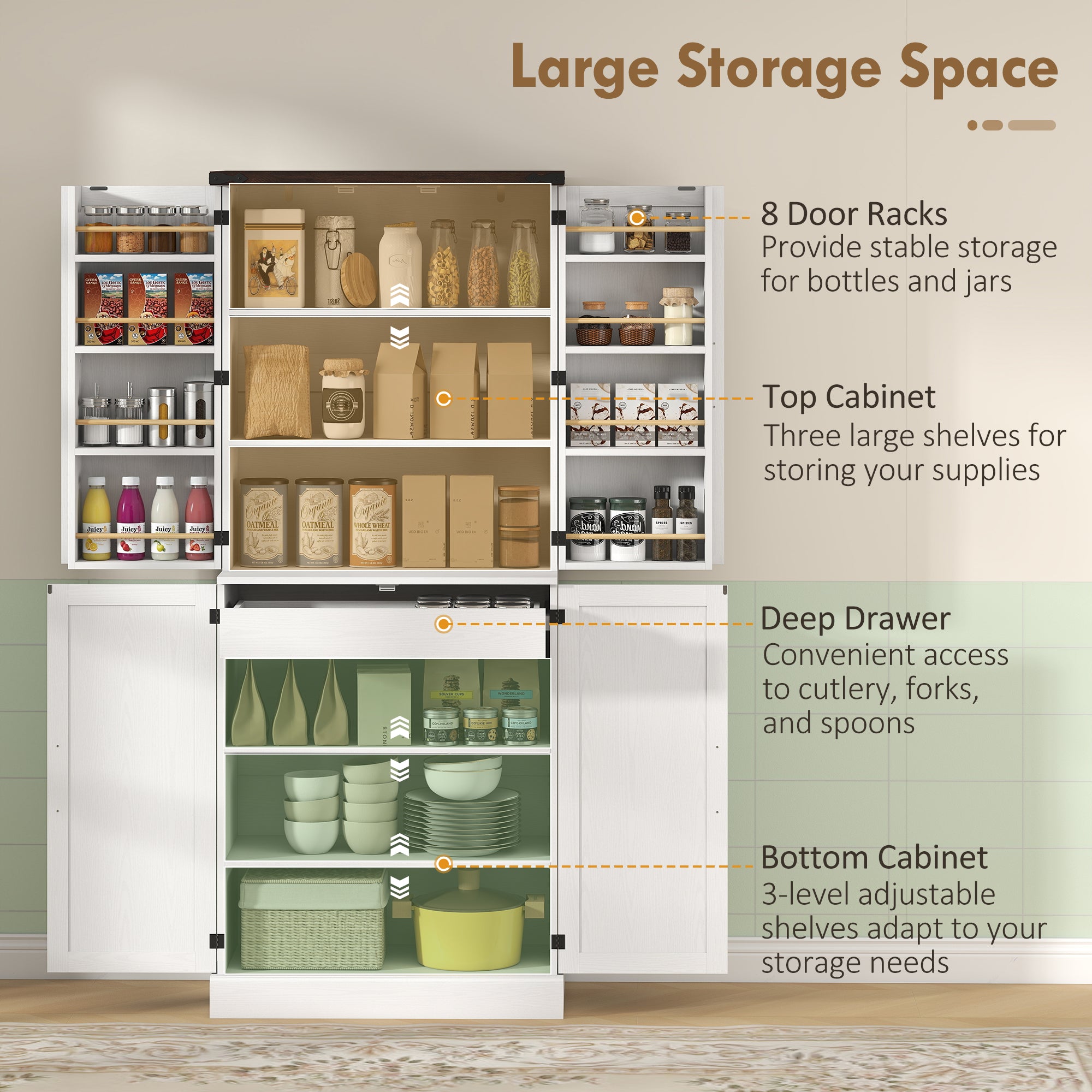 72" Tall Kitchen Pantry Cabinet, Farmhouse Storage Cabinet with 8 Door Racks and Drawer, Freestanding Food Pantry with Adjustable Shelves and Barn Doors, White