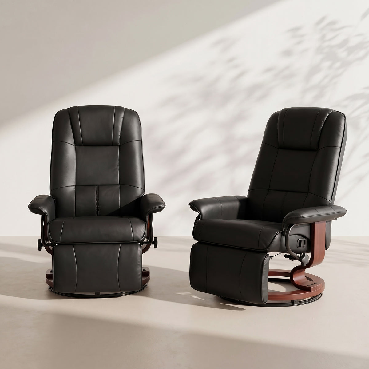 EaseRest 2-Piece Faux Leather Recliner Chair Set, Swivel Recliners with Footrests, Armrests & Wood Bases, Black