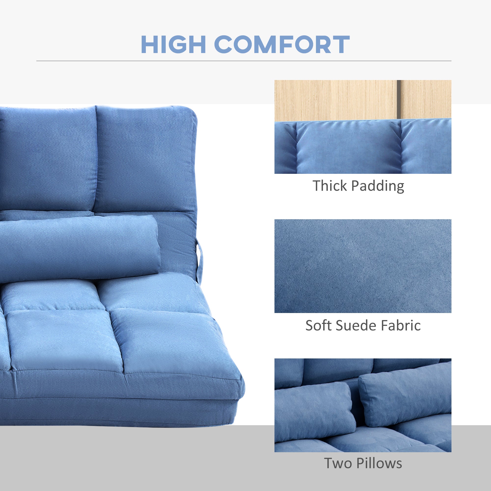 Recliner Sofa, Convertible Floor Sofa Chair with 2 Pillows, Adjustable Backrest and Headrest, Blue