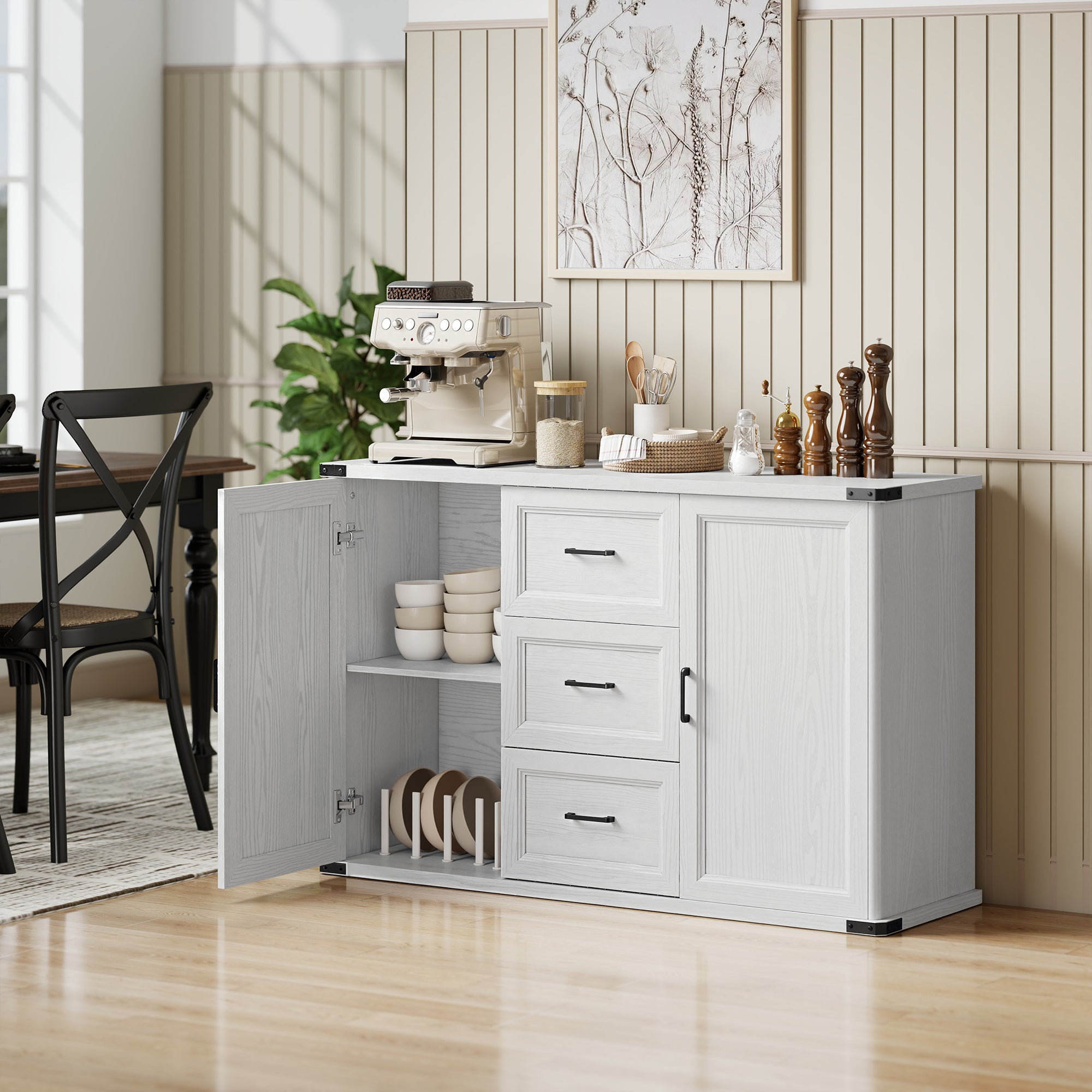Modern Sideboard Buffet Cabinet with 3 Drawers and 2 Doors, 47" Coffee Bar Cabinet with Adjustable Shelves for Kitchen, White Wood Grain