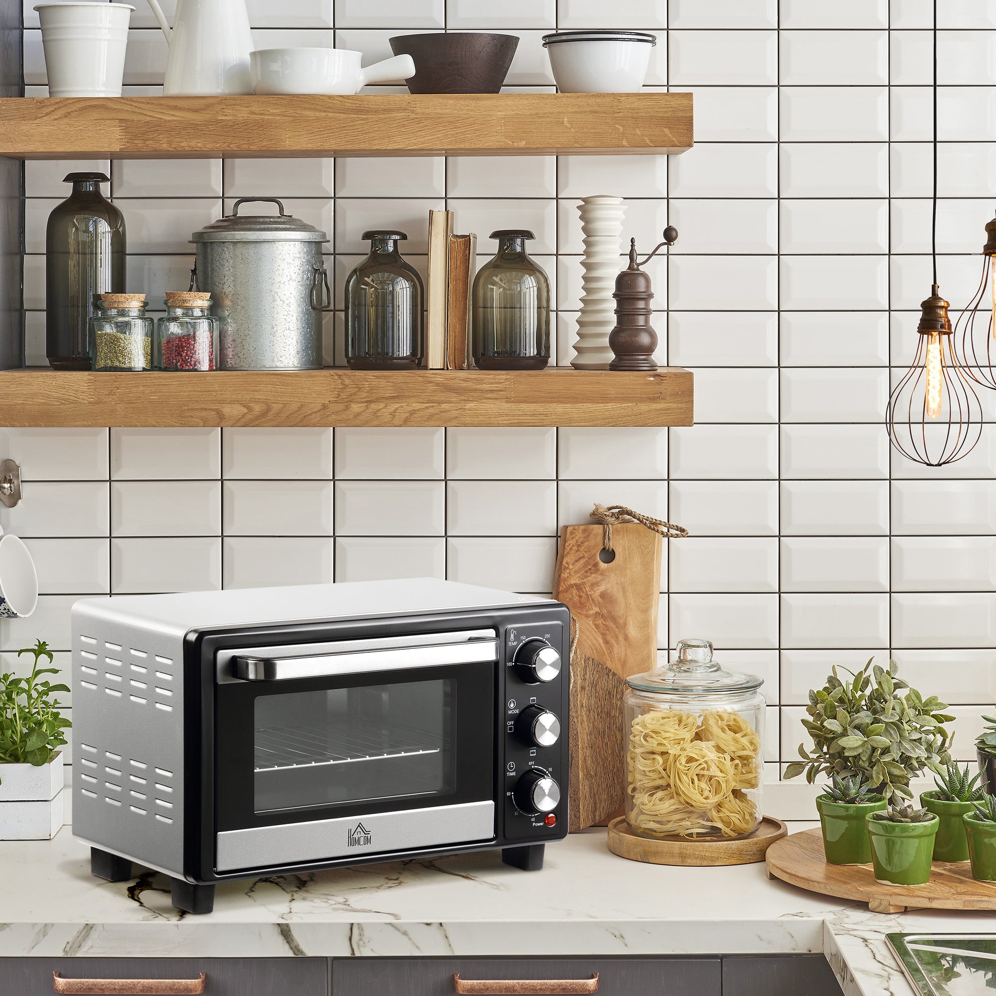 HOMCOM Mini Oven, 16L Countertop Electric Grill, Toaster Oven with Adjustable Temperature, 60 Min Timer, Crumb Tray, Baking Tray, Wire Rack, Tray Handle, 1400W, Silver