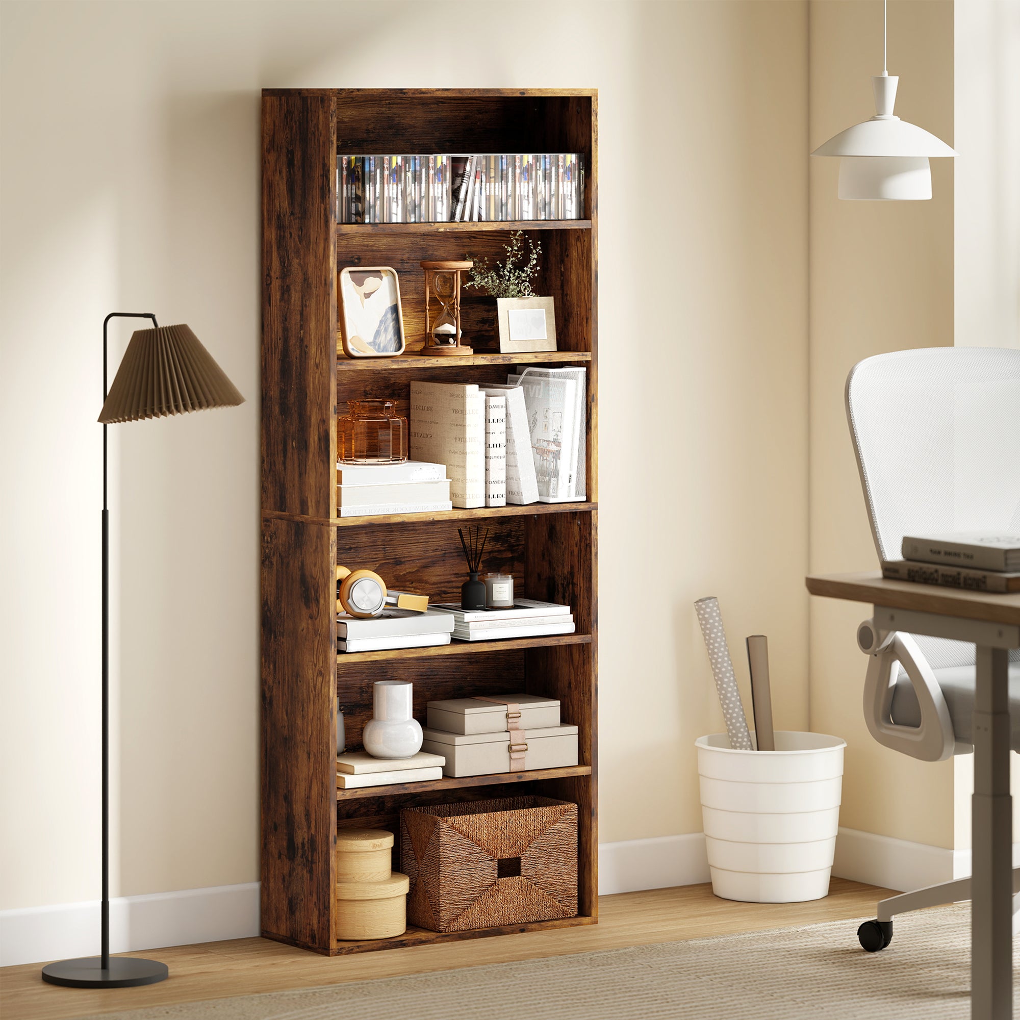 6 Tier Bookshelf, Freestanding Bookcase with Adjustable Shelves, Display Storage Unit for Living Room, Bedroom, Study, 60 x 24 x 158.5 cm, Rustic Brown