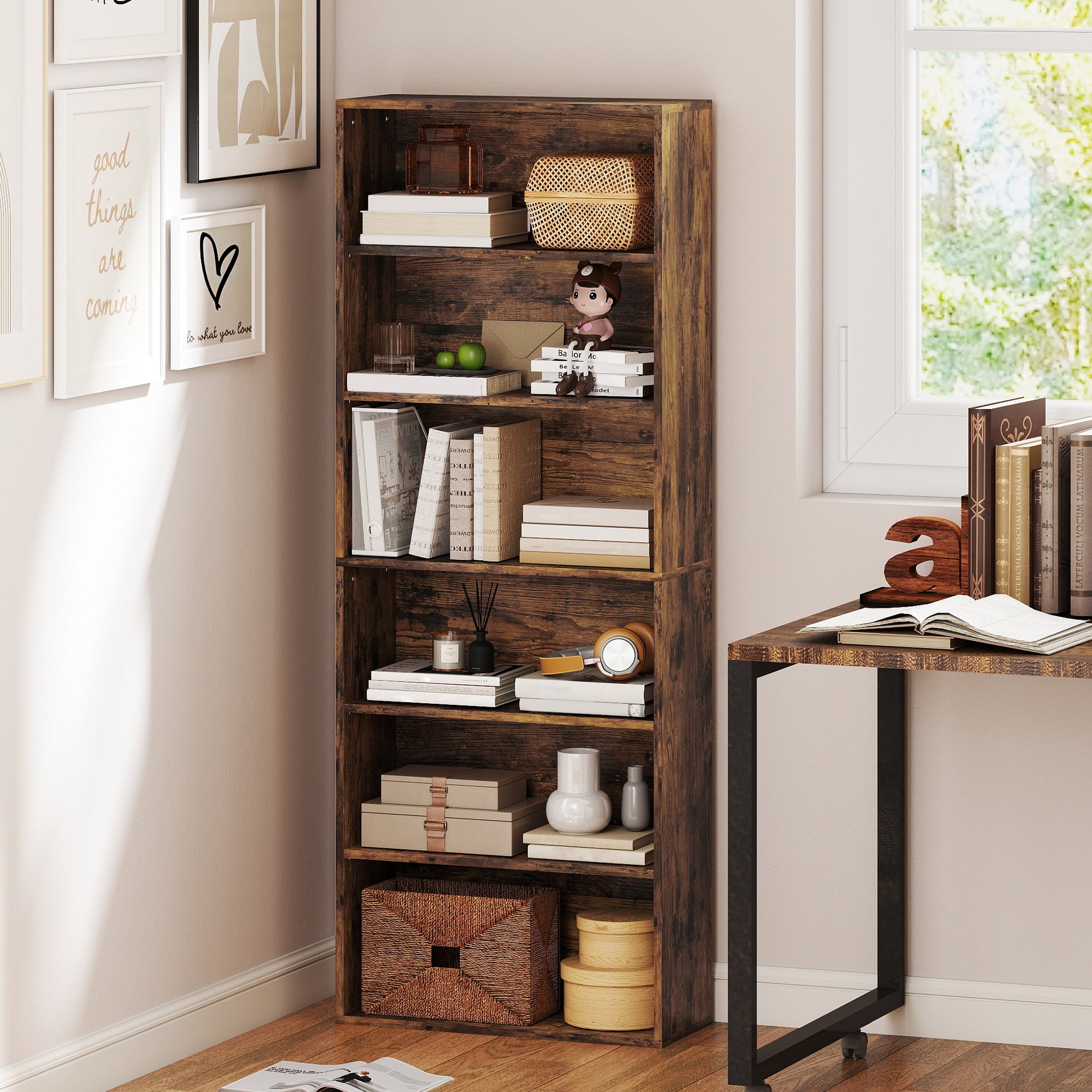 6 Tier Bookshelf, Freestanding Bookcase with Adjustable Shelves, Display Storage Unit for Living Room, Bedroom, Study, 60 x 24 x 158.5 cm, Rustic Brown