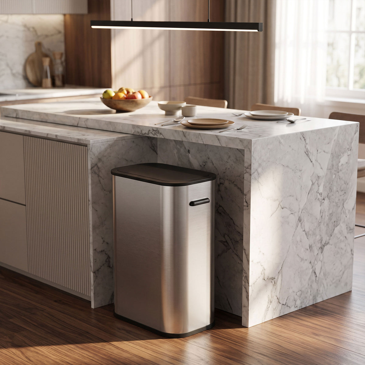 55L Sensor Bin for Kitchen, Touchless Automatic Waste Rubbish Bin with Soft-Close Lid, Fingerprint-Resistant Stainless Steel, Retainer Ring, Battery Operated for Home Office, Study, Silver Tone