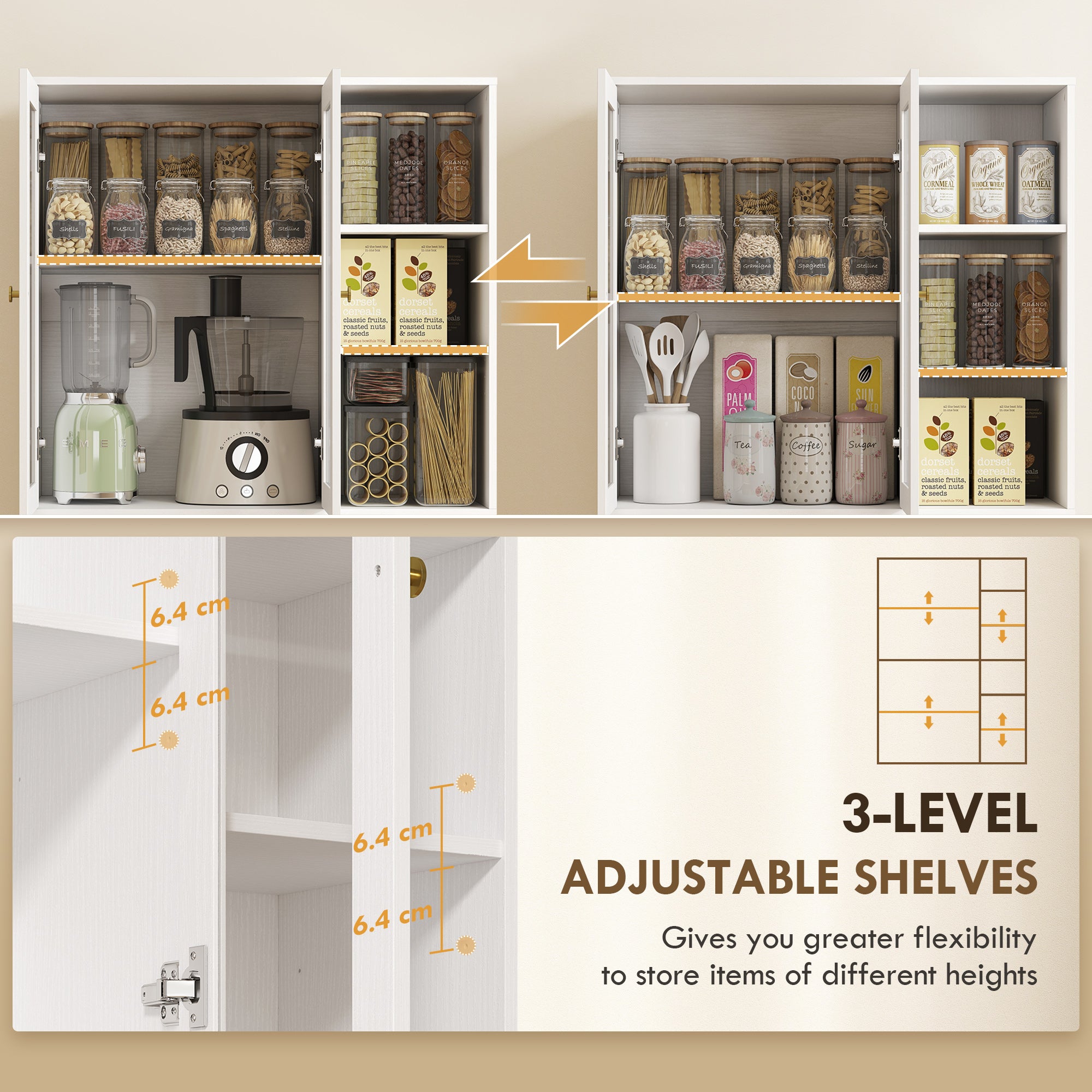 172 cm Tall Kitchen Cupboard, Pantry Storage Cabinet with Tempered Glass Doors and Soft-Close Hinges, Freestanding Kitchen Cabinet with Adjustable Shelves and 6 Open Shelves, White