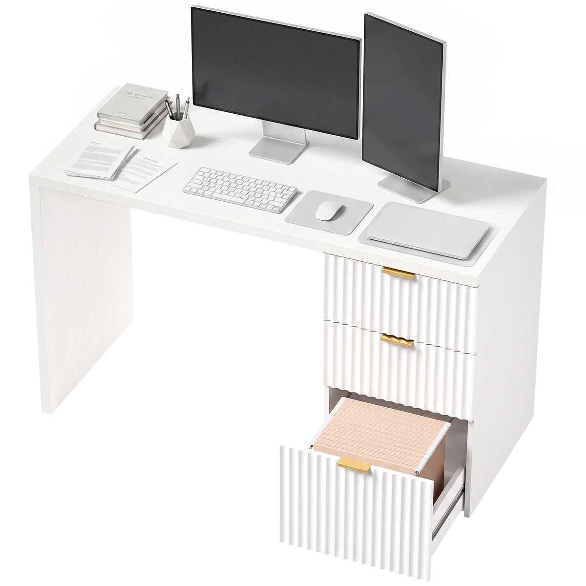 Computer Desk with 3 Drawers, 120 cm Reversible Home Office Desk with Storage, Thick Top, Modern Study Table with File Drawer for A4 and Letter Size, Bedroom, Studio, White