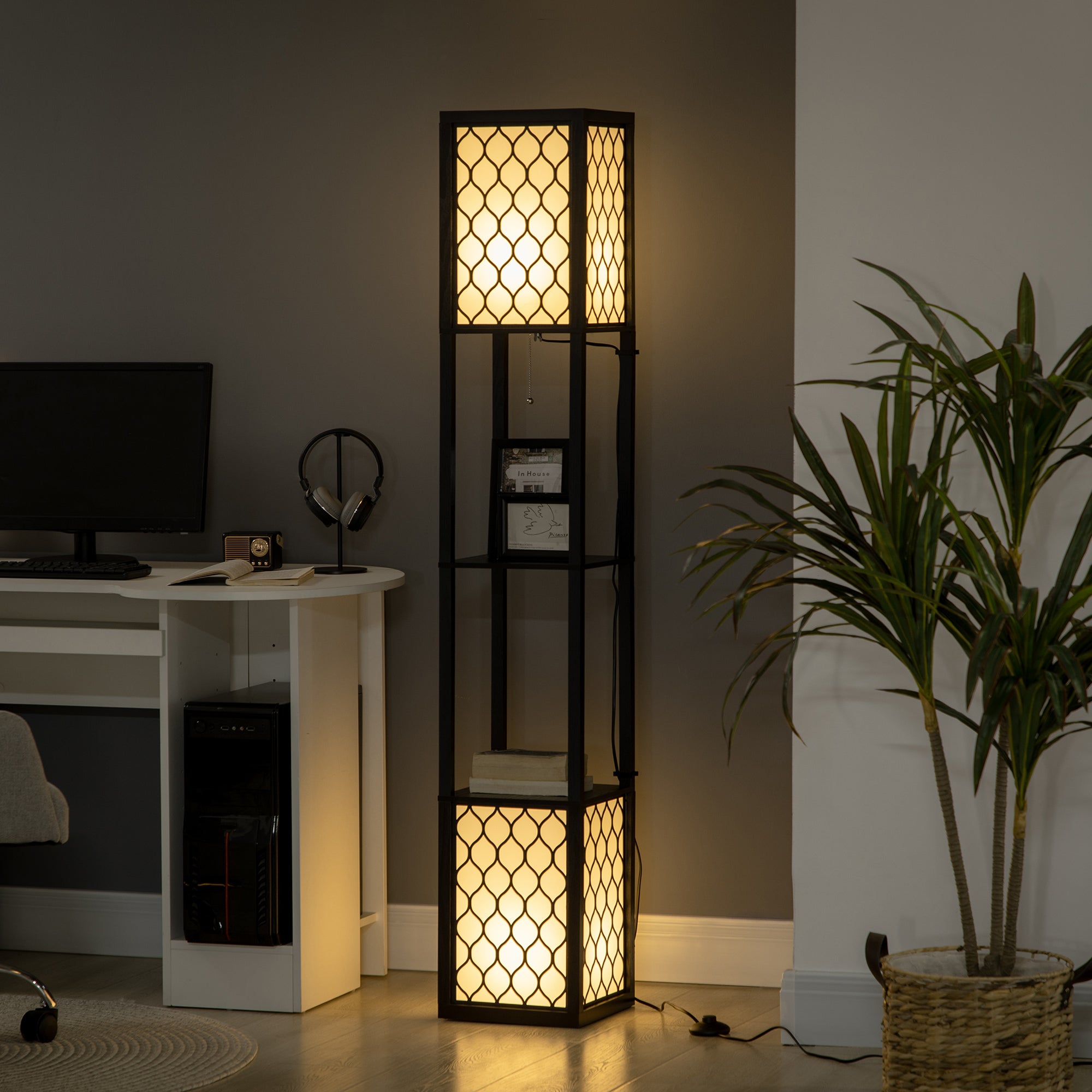 HOMCOM Floor Lamp with Shelves, Dual Light, Modern Tall Standing Lamps for Living Room, Bedroom, with Pull Chain Switch, Bulb not Included, Black