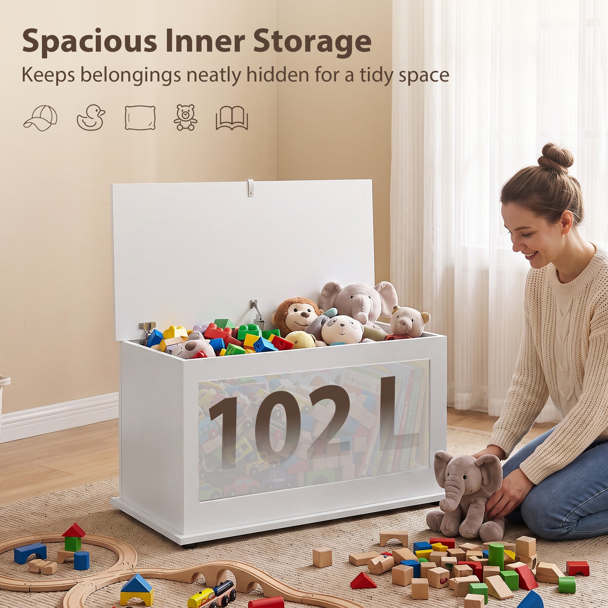 Storage Chest, Large 102L Blanket Box, Shoe Bench with Safety Hinged Lid, Storage Trunk, Bed End Bench for Bedroom, Hallway, Living room, Playroom, 80 x 40 x 45cm, White