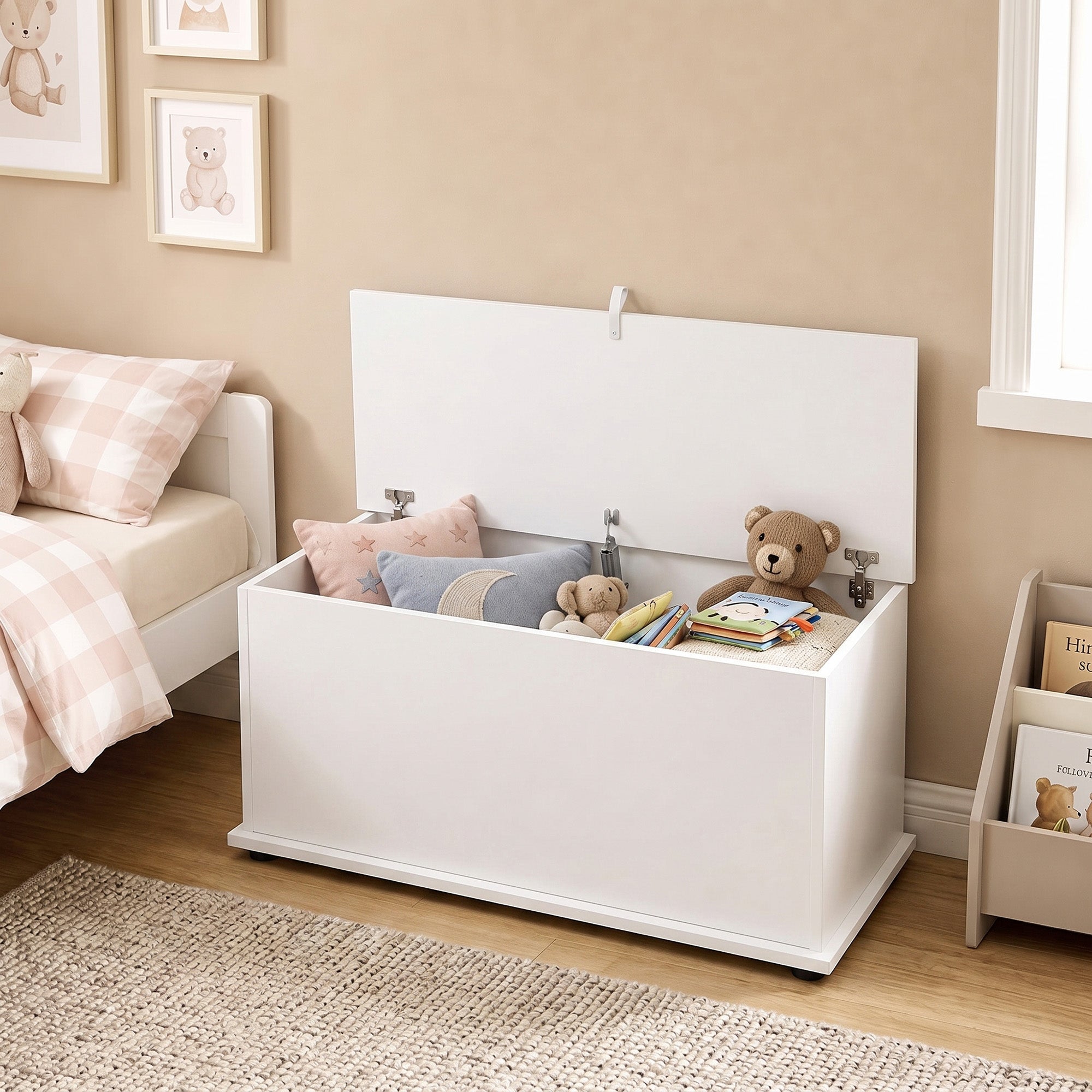 Storage Chest, Large 102L Blanket Box, Shoe Bench with Safety Hinged Lid, Storage Trunk, Bed End Bench for Bedroom, Hallway, Living room, Playroom, 80 x 40 x 45cm, White